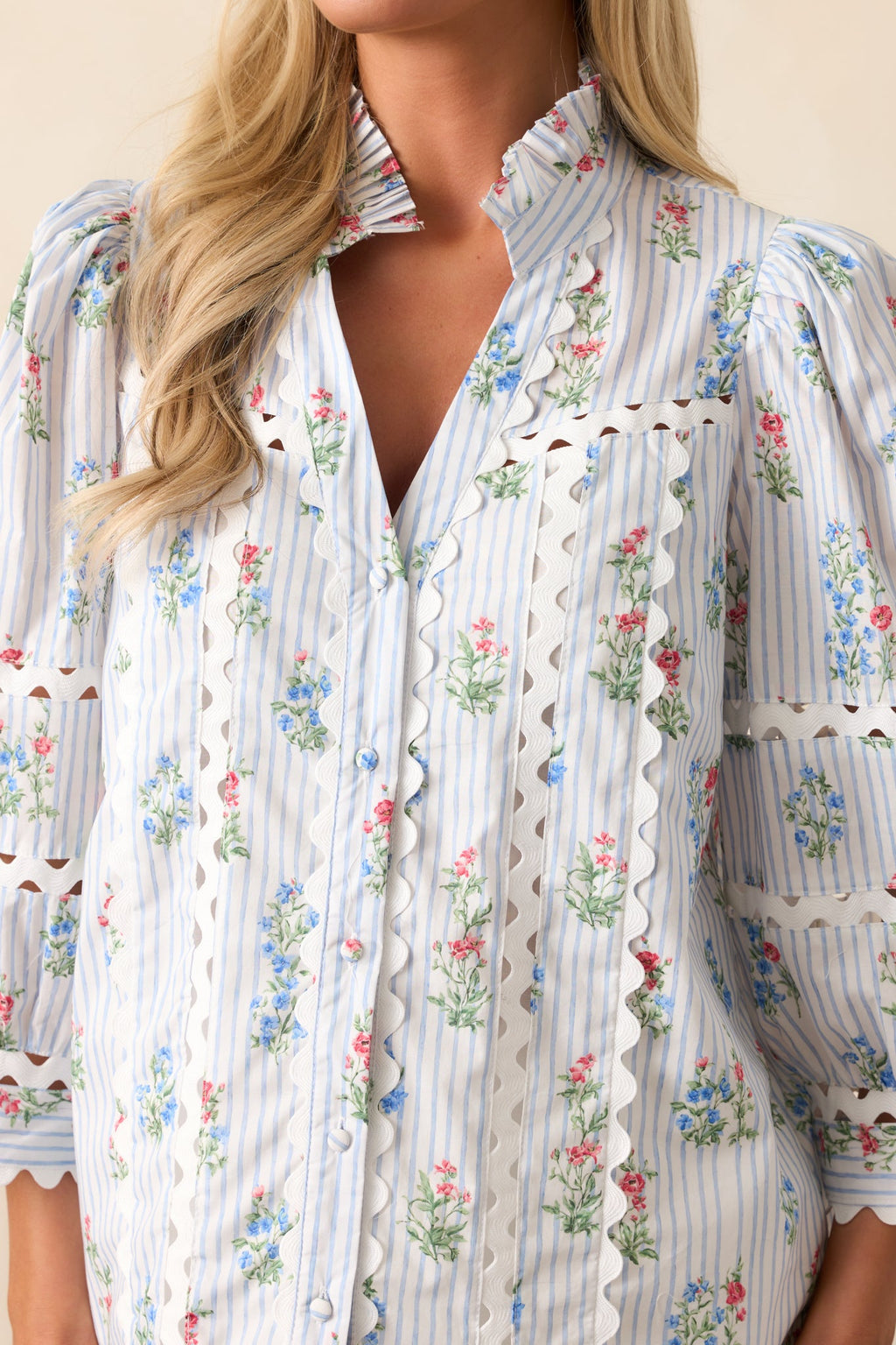 For Keeps Light Blue Stripe Floral Cotton Button Front Top