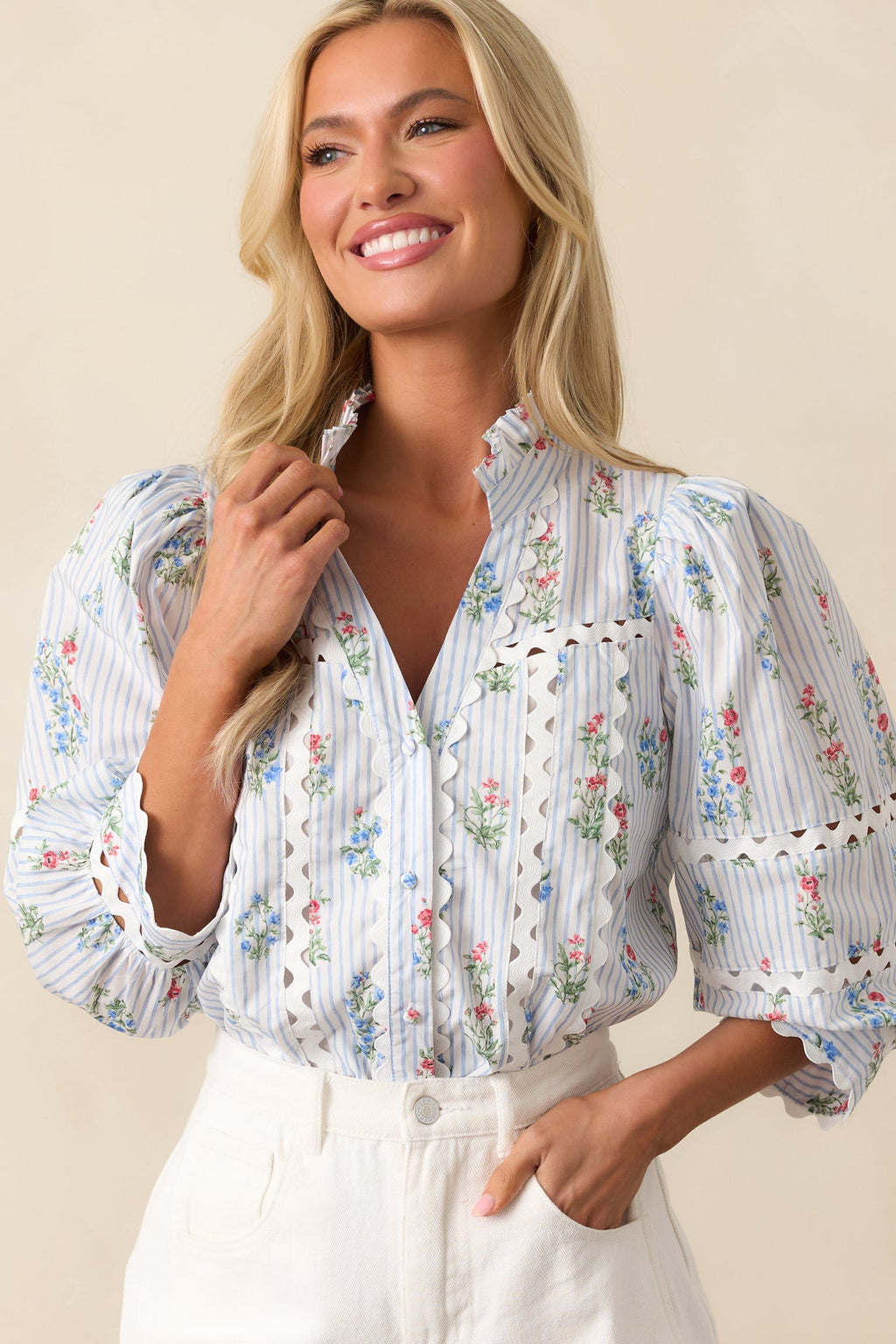 For Keeps Light Blue Stripe Floral Cotton Button Front Top