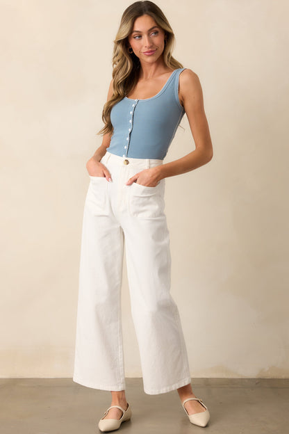 By Chance Dusty Blue Button Front Blanket Stitch Tank Top