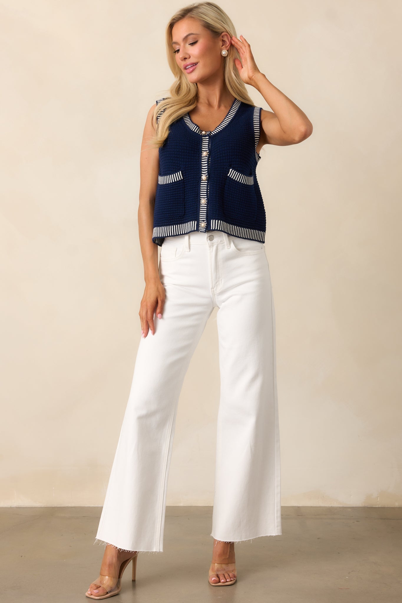 Lesson Learned Navy Cotton Button Front Sweater Vest