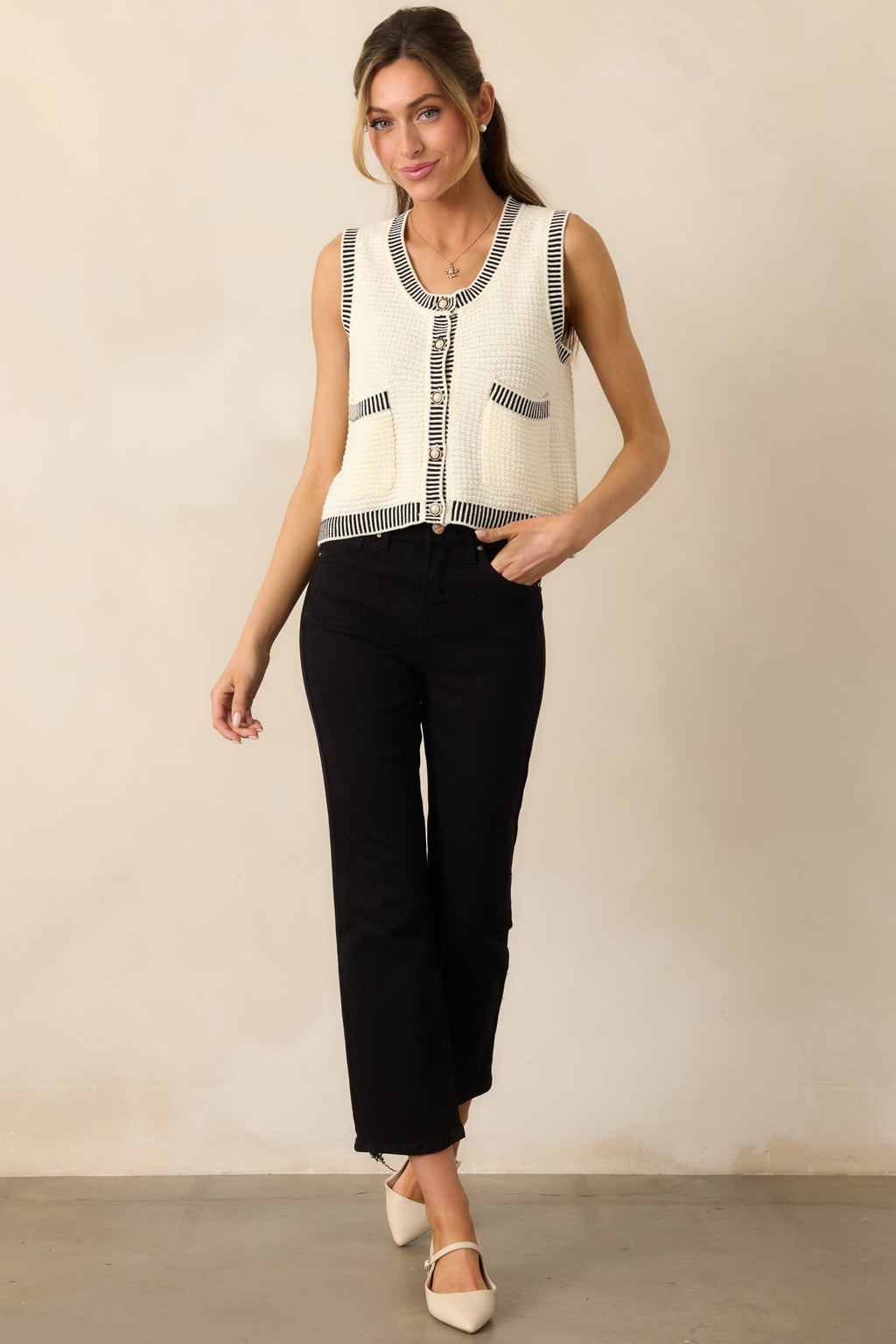 Lesson Learned Ivory Cotton Button Front Sweater Vest