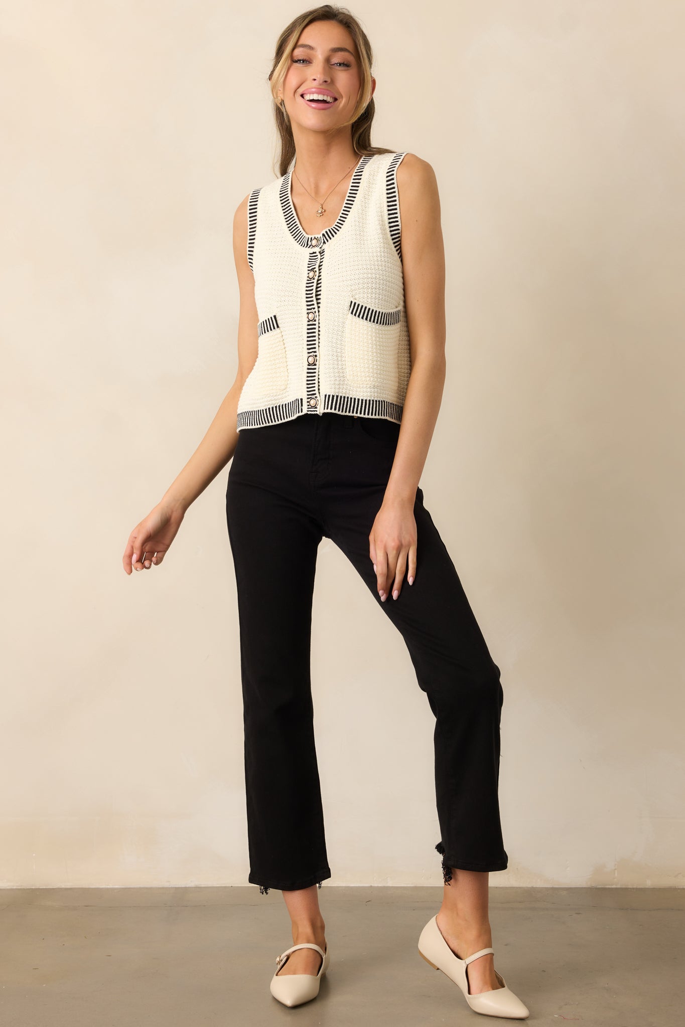 Lesson Learned Ivory Cotton Button Front Sweater Vest