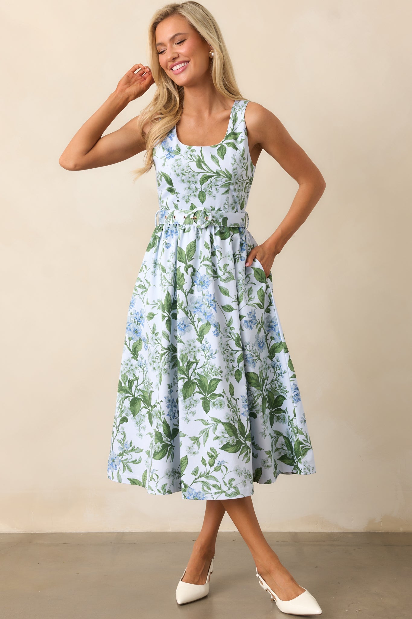 Ava Blue Lilacs Botanical Print Cotton Belted Midi Dress