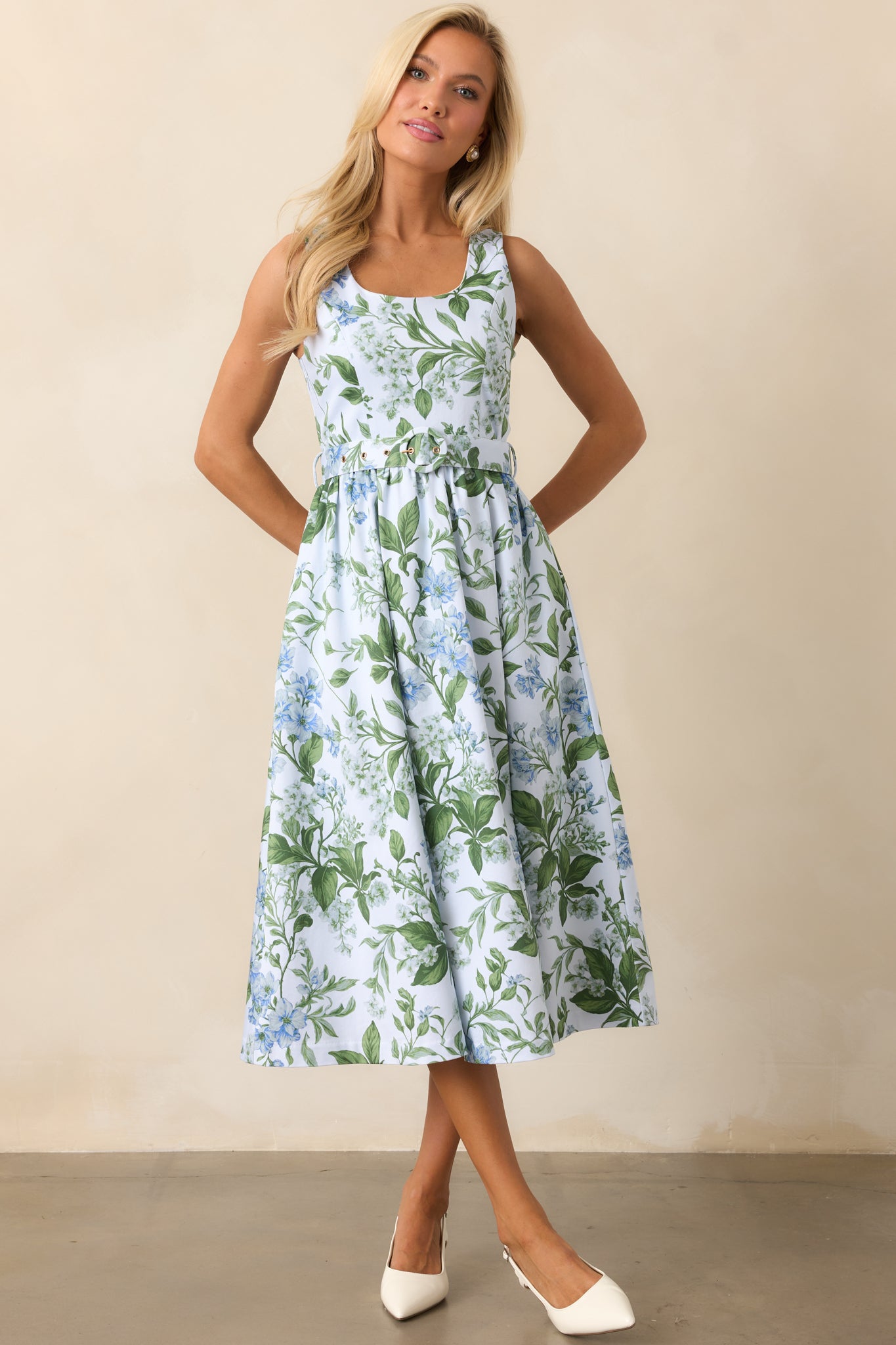 Ava Blue Lilacs Botanical Print Cotton Belted Midi Dress