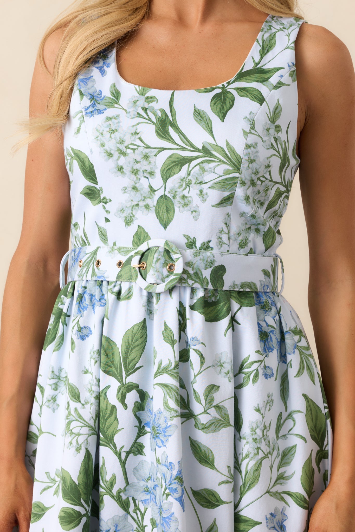 Ava Blue Lilacs Botanical Print Cotton Belted Midi Dress