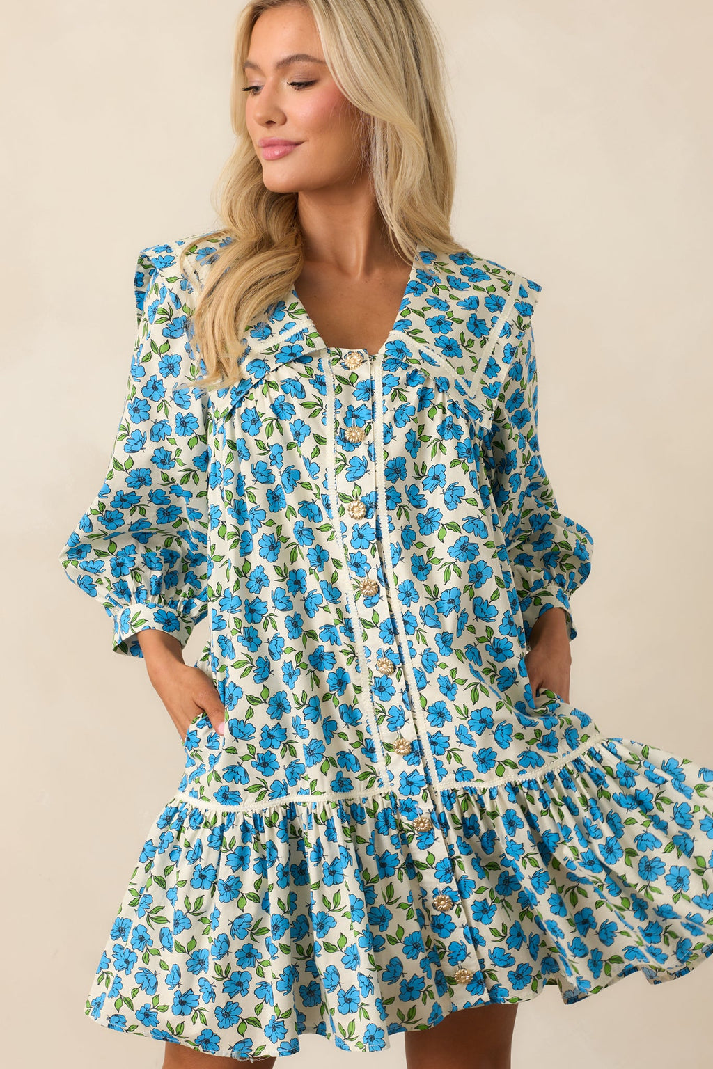 Butterfly Garden Blue Cotton Button Front Mini Dress