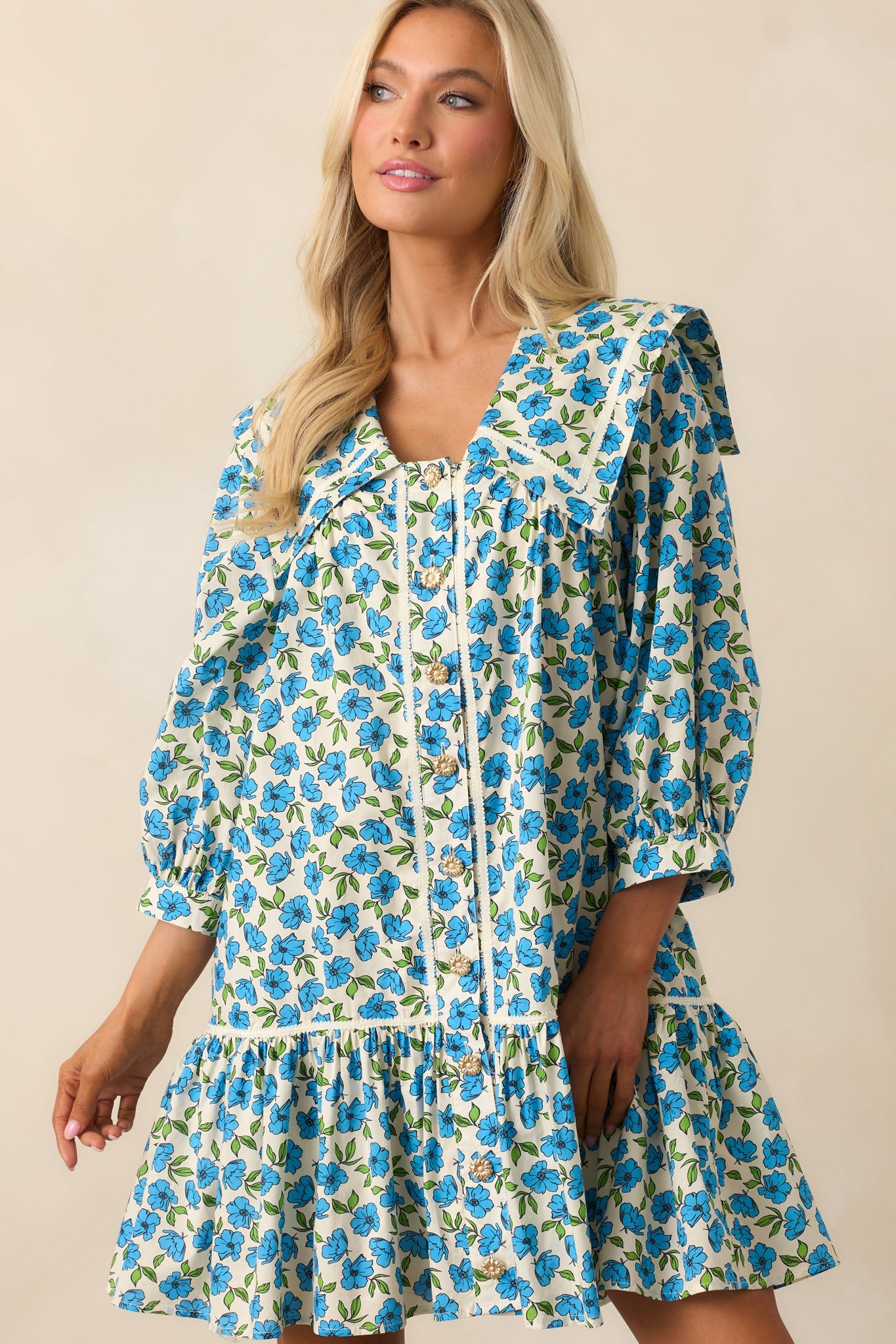 Butterfly Garden Blue Cotton Button Front Mini Dress