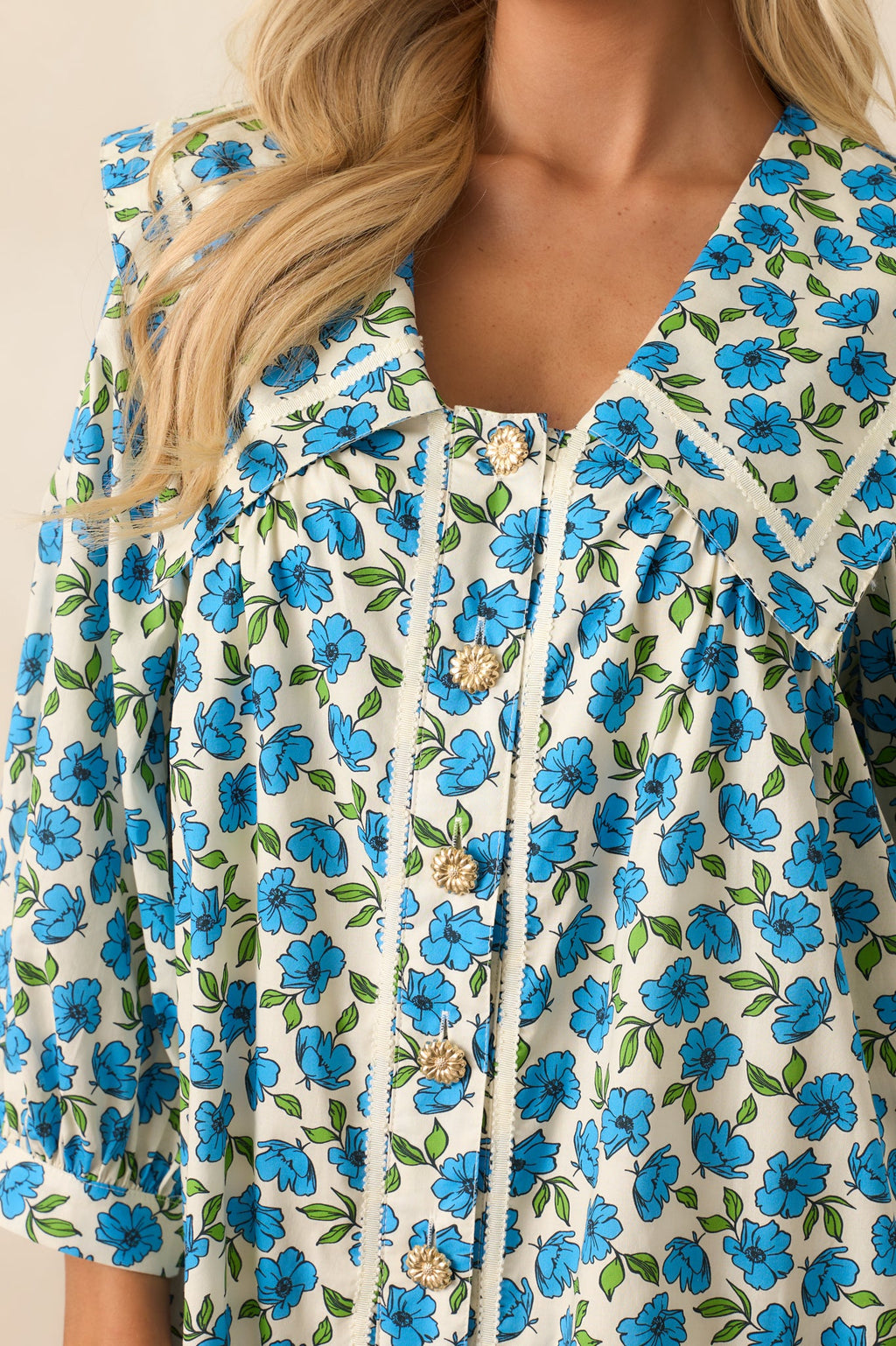 Butterfly Garden Blue Cotton Button Front Mini Dress