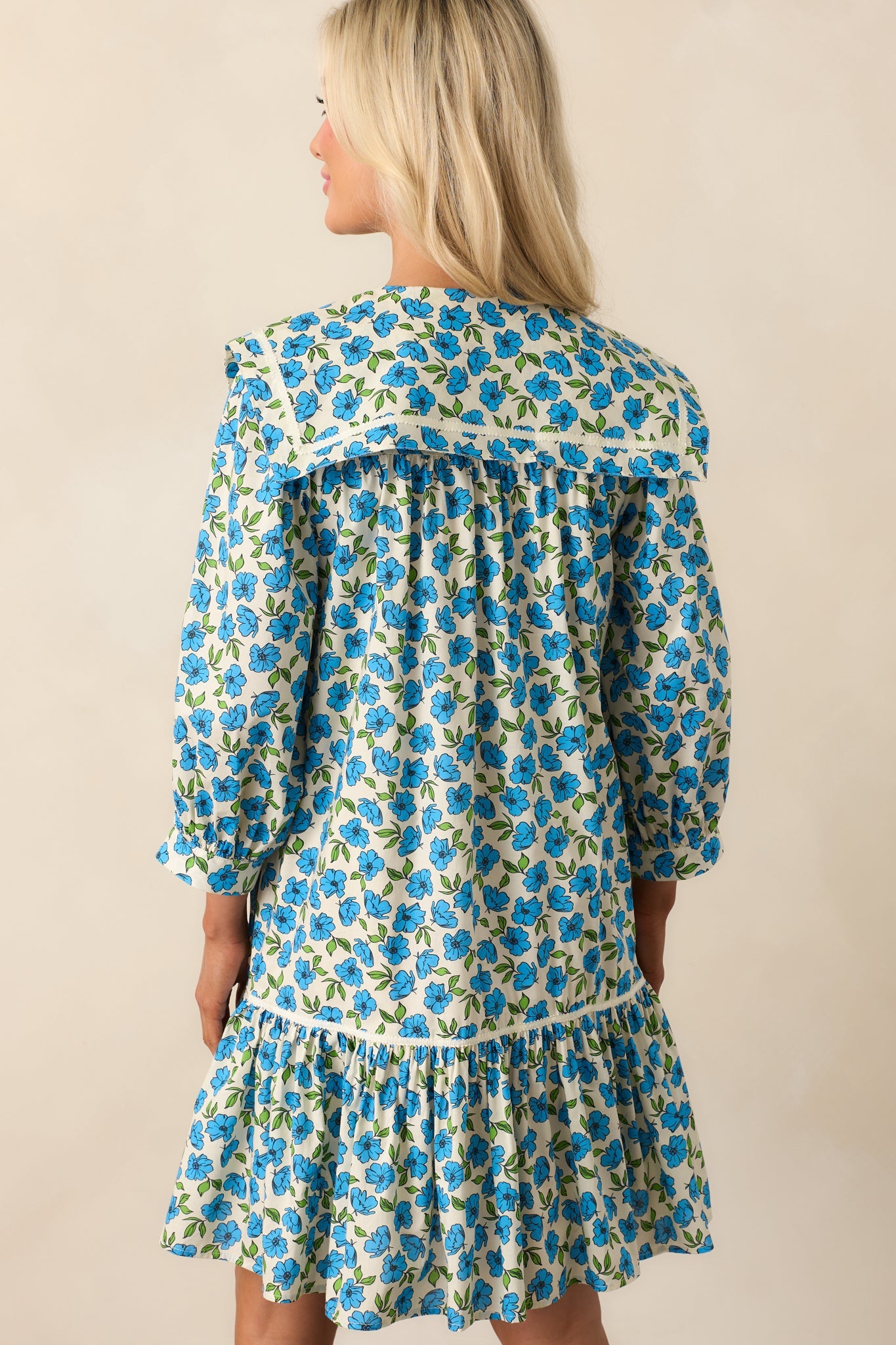 Butterfly Garden Blue Cotton Button Front Mini Dress