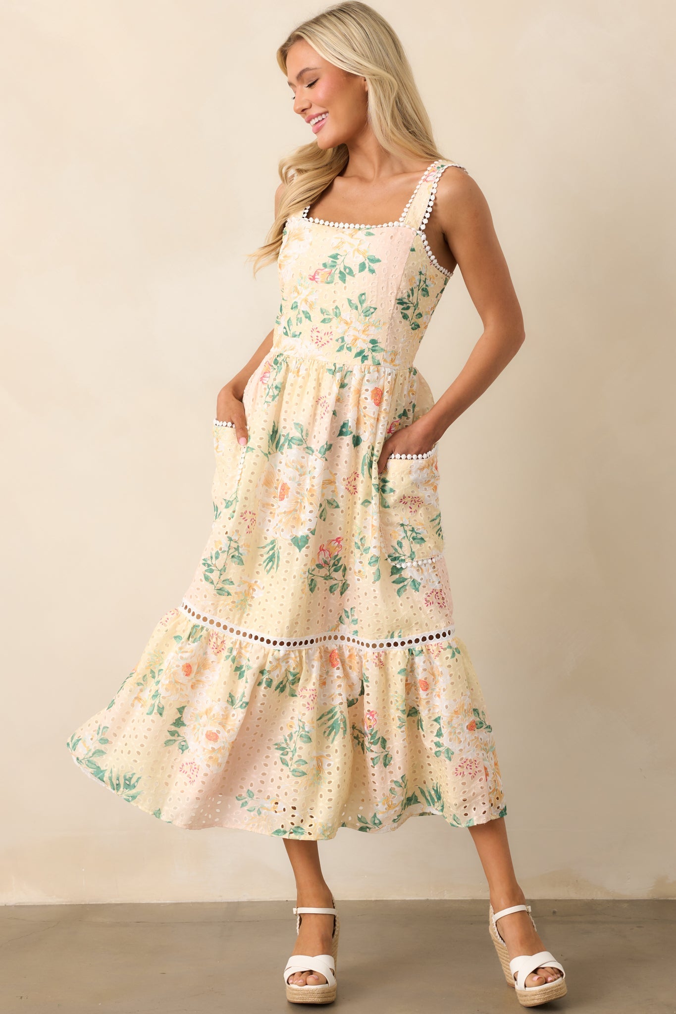 Champagne Toast Yellow Floral Embroidered Midi Dress