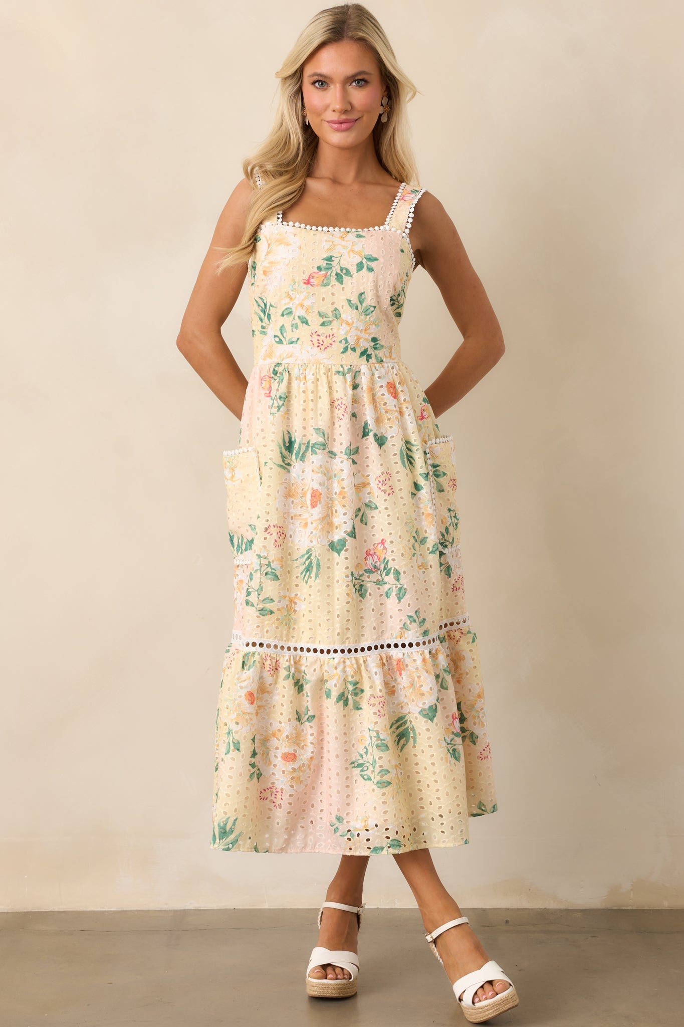 Champagne Toast Yellow Floral Embroidered Midi Dress