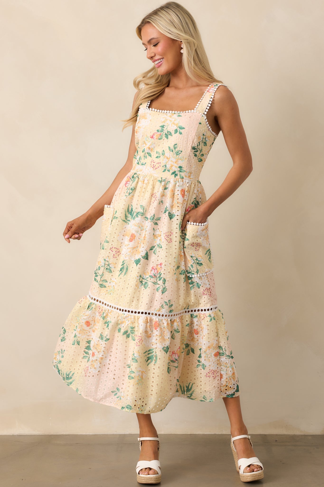Champagne Toast Yellow Floral Embroidered Midi Dress