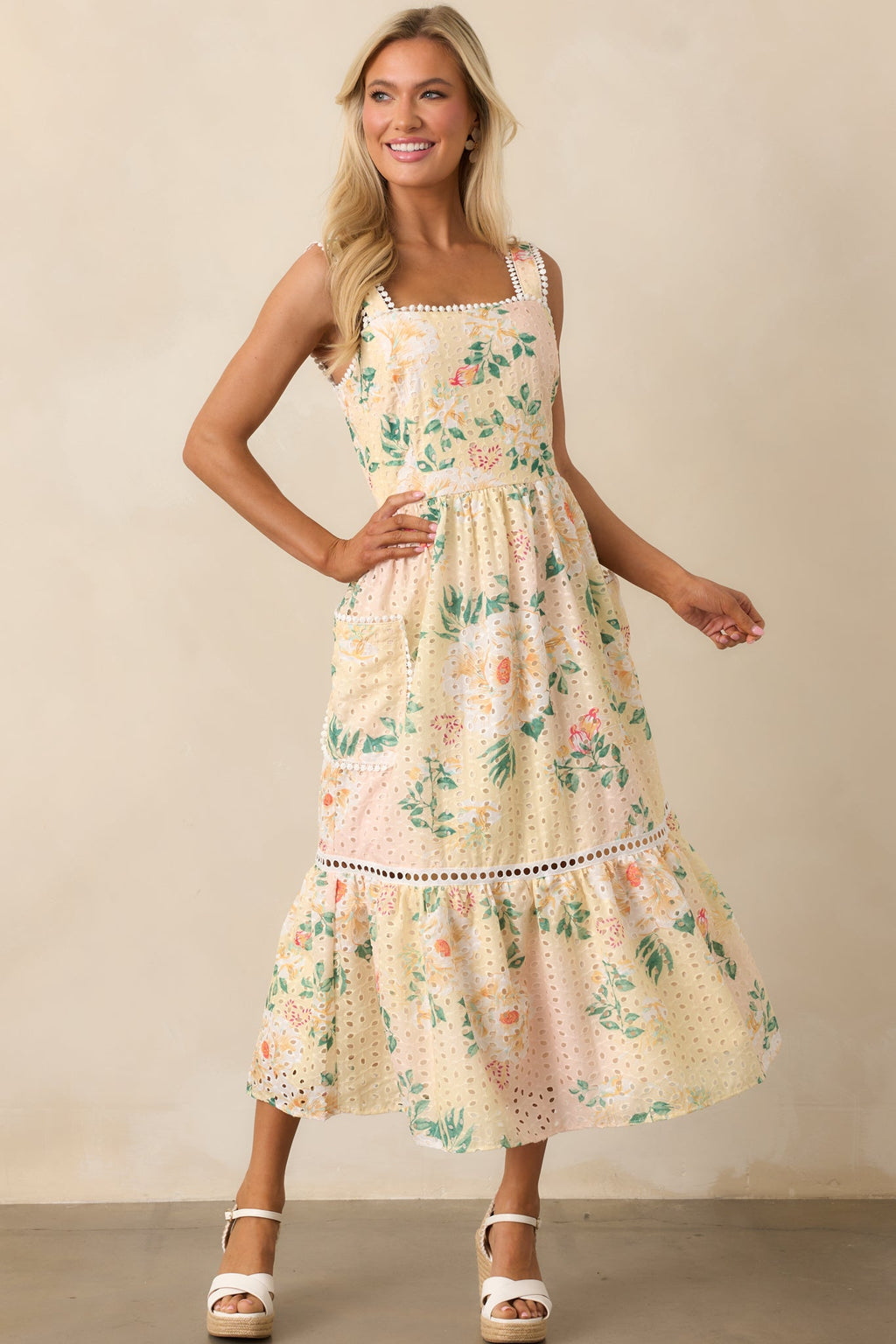 Champagne Toast Yellow Floral Embroidered Midi Dress