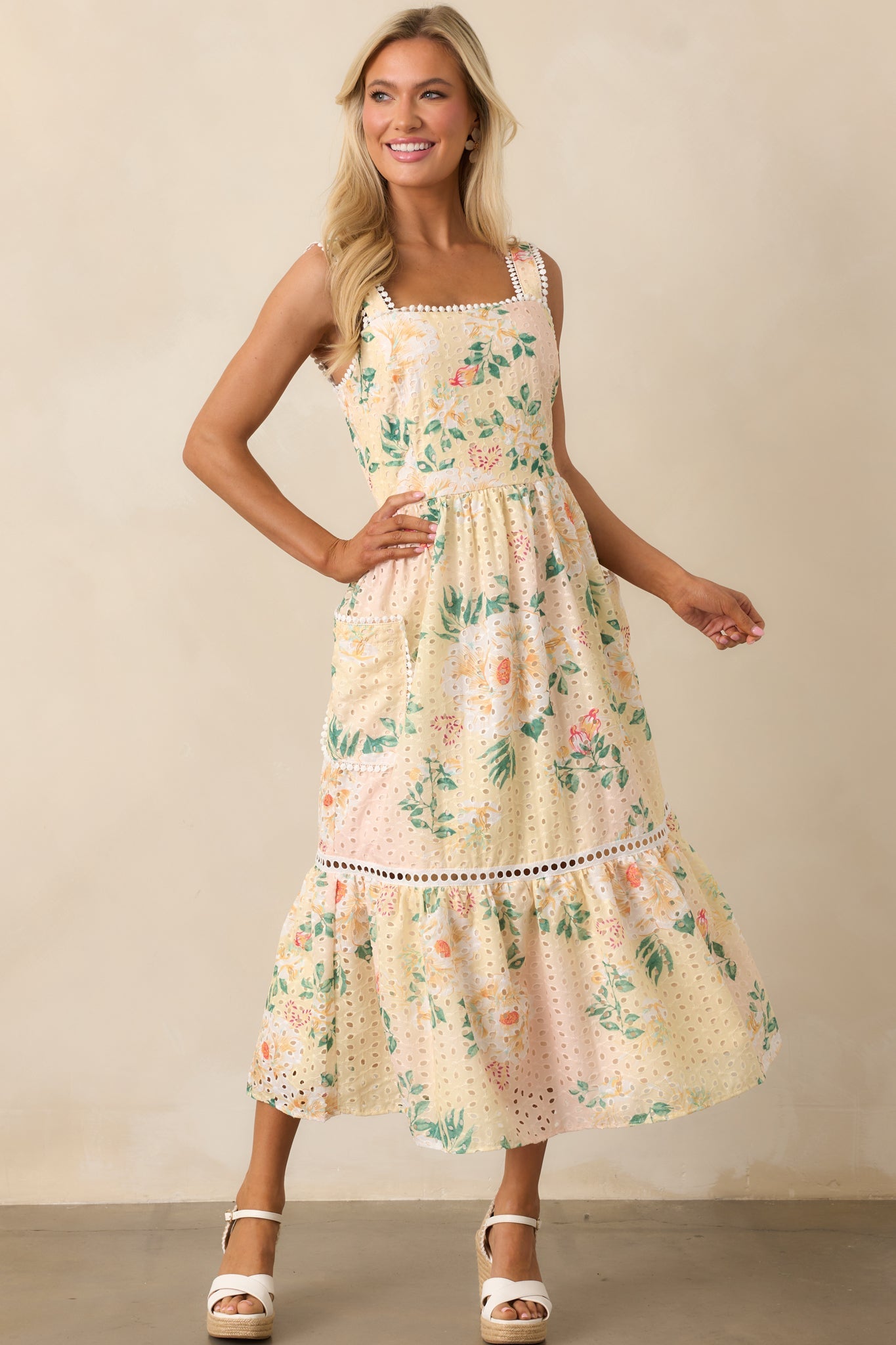 Champagne Toast Yellow Floral Embroidered Midi Dress