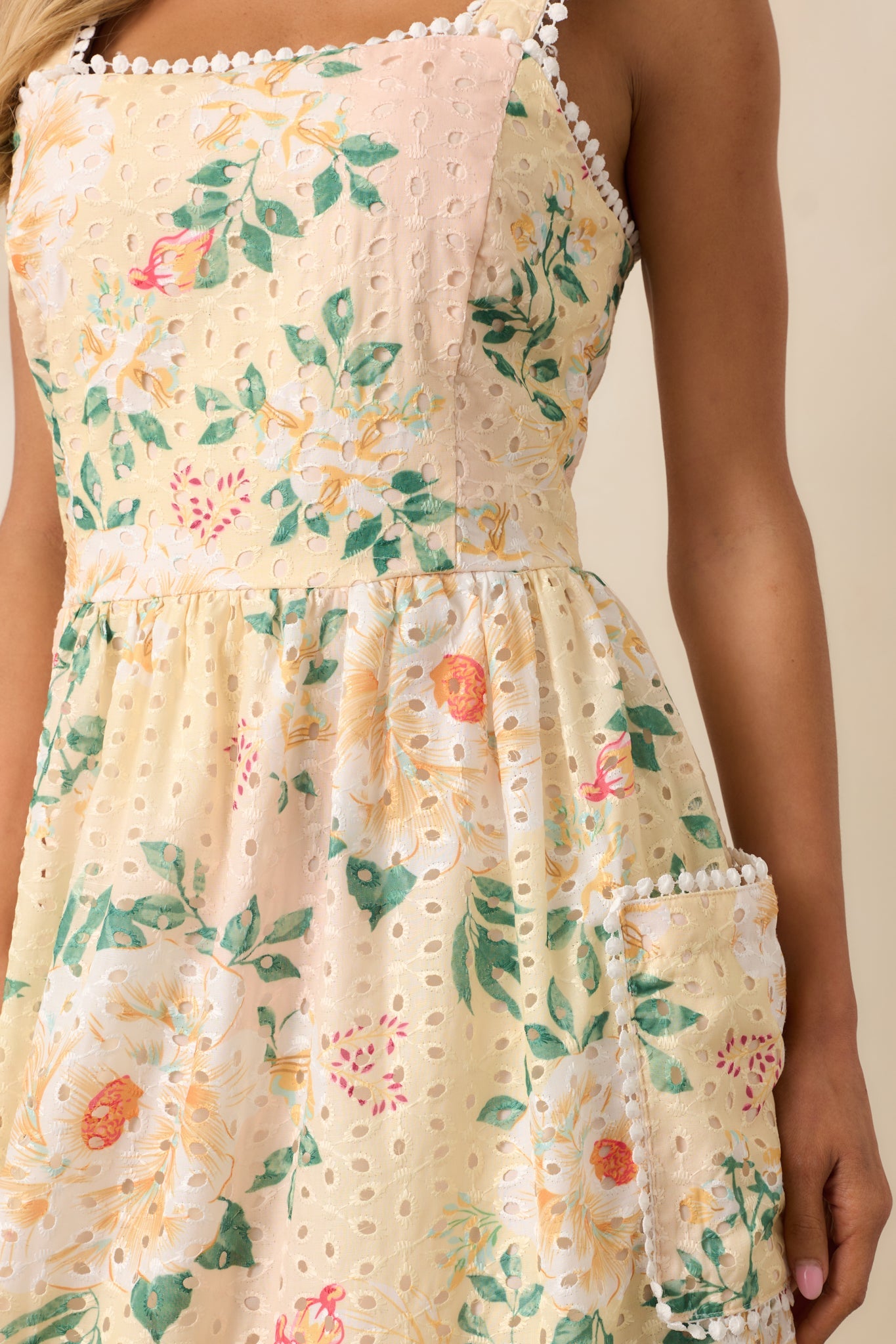 Champagne Toast Yellow Floral Embroidered Midi Dress