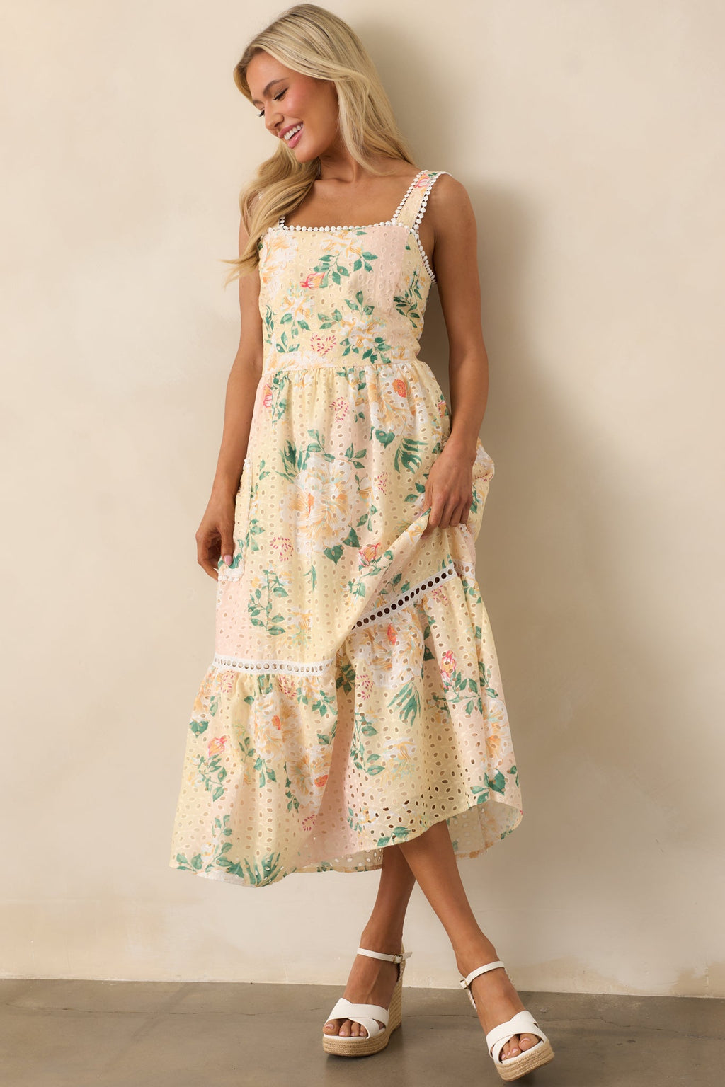 Champagne Toast Yellow Floral Embroidered Midi Dress