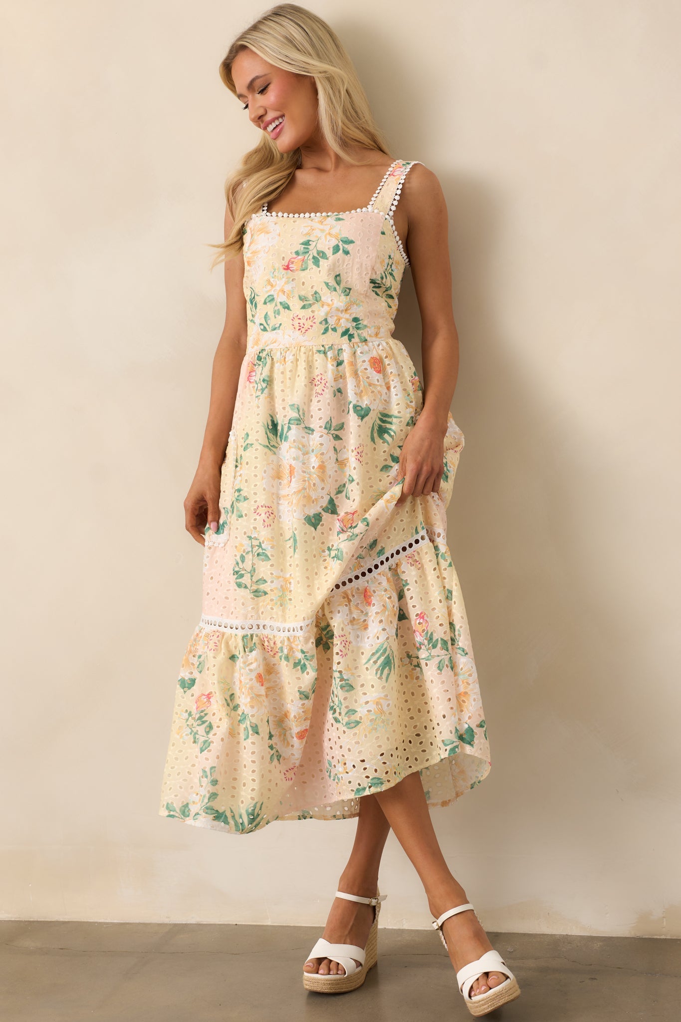 Champagne Toast Yellow Floral Embroidered Midi Dress