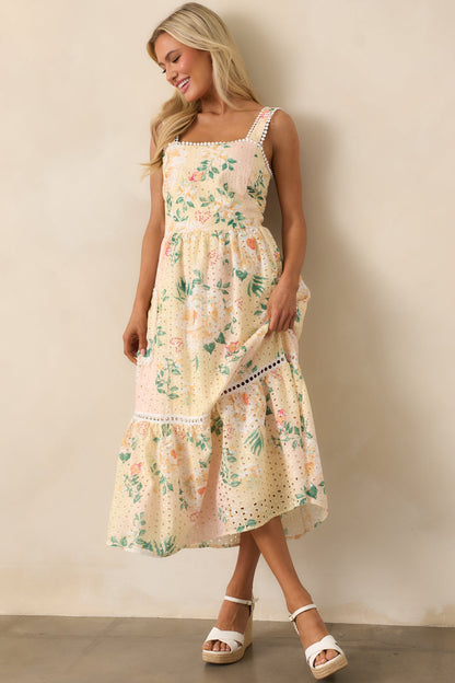 Champagne Toast Yellow Floral Embroidered Midi Dress