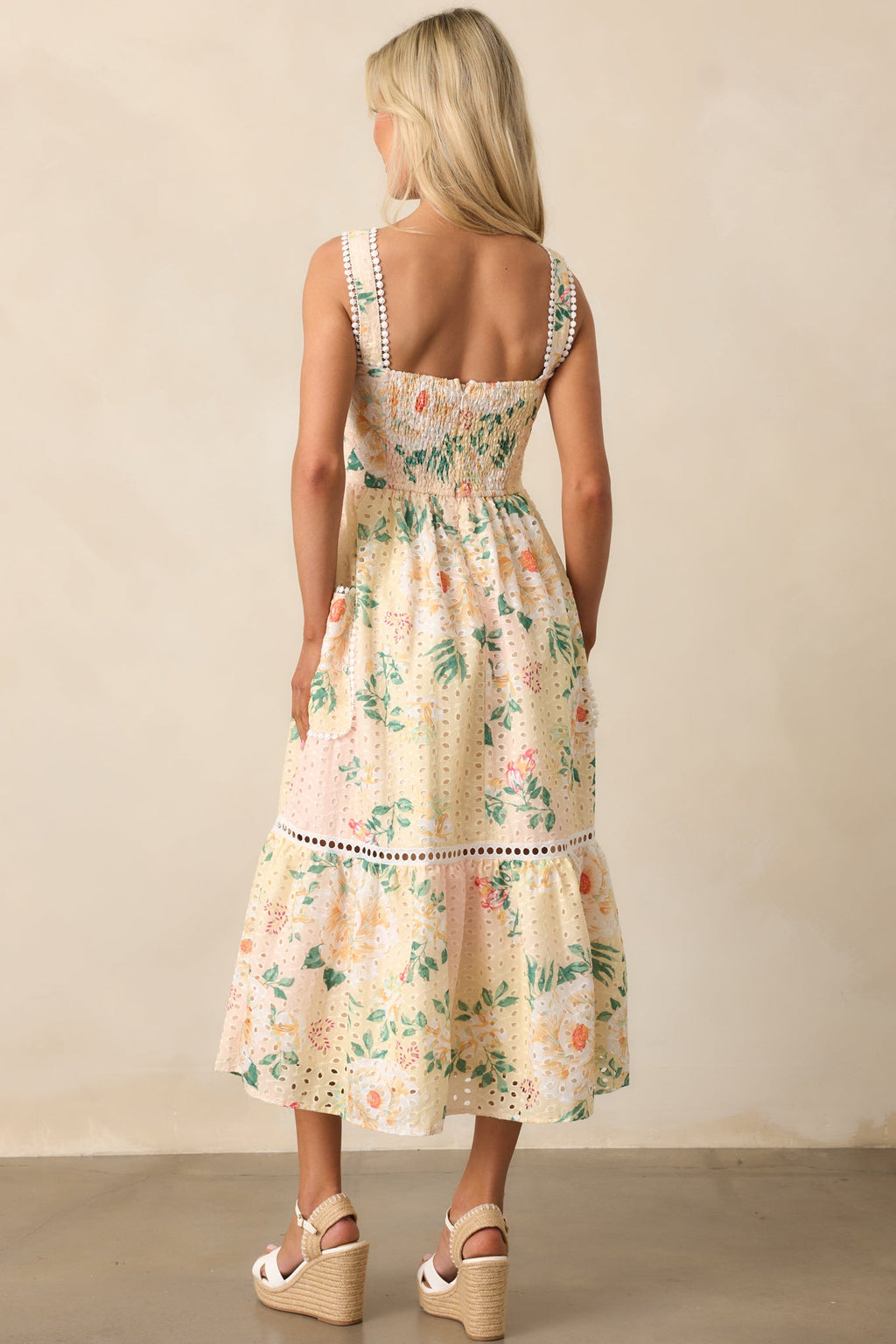 Champagne Toast Yellow Floral Embroidered Midi Dress
