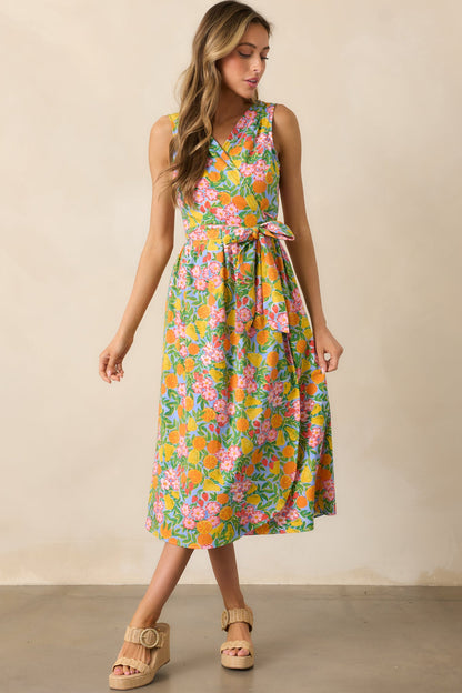 Citrus Bloom Sky Blue Multi Print Midi Wrap Dress