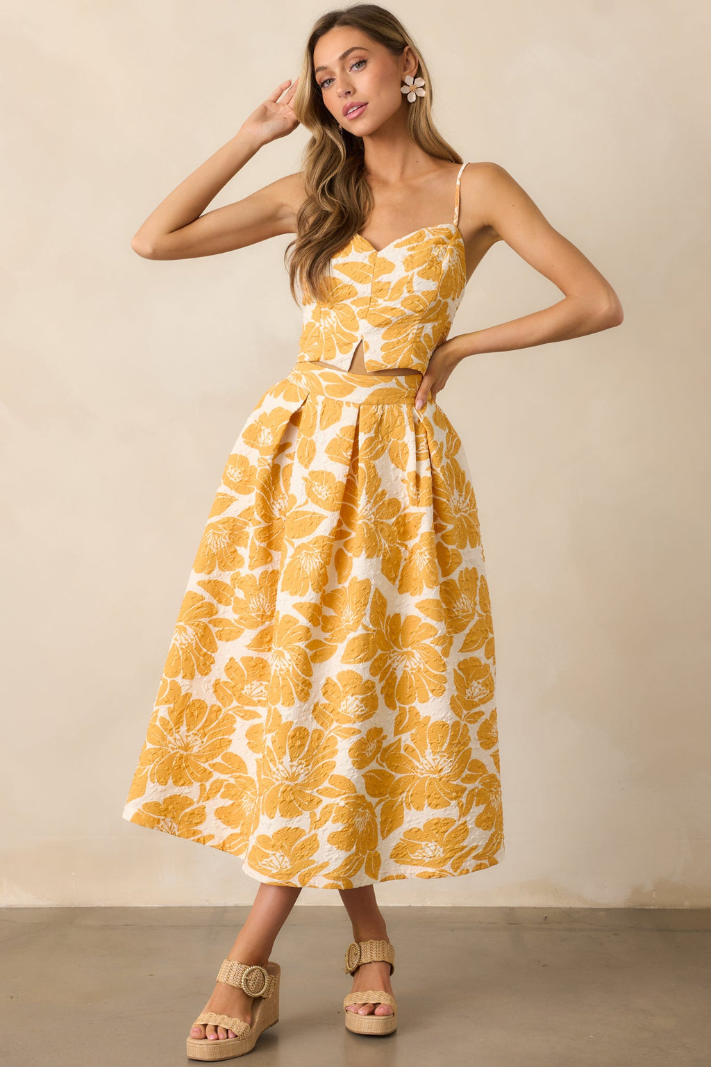 Golden Hour Yellow Floral Jacquard Midi Skirt