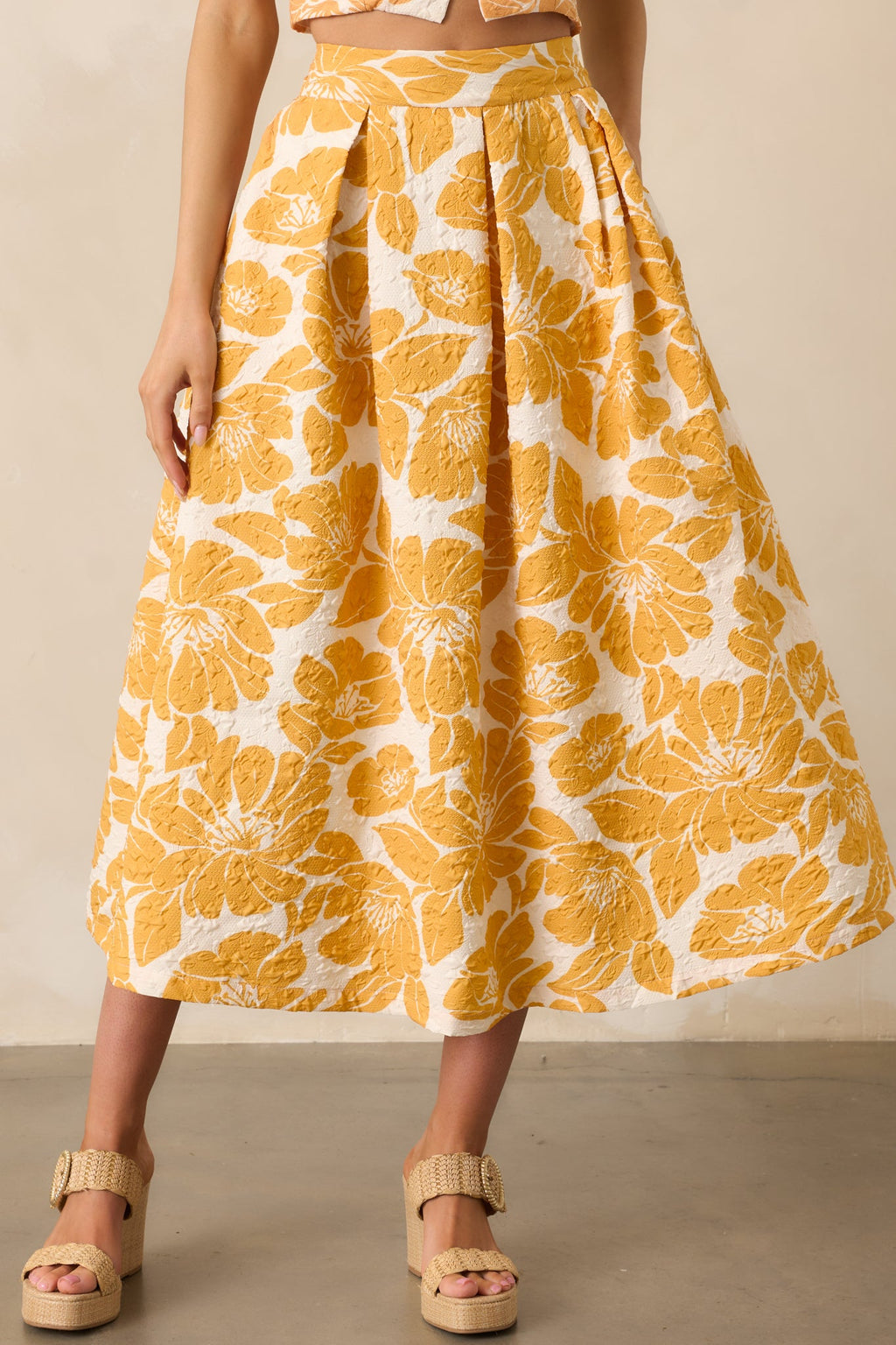 Golden Hour Yellow Floral Jacquard Midi Skirt