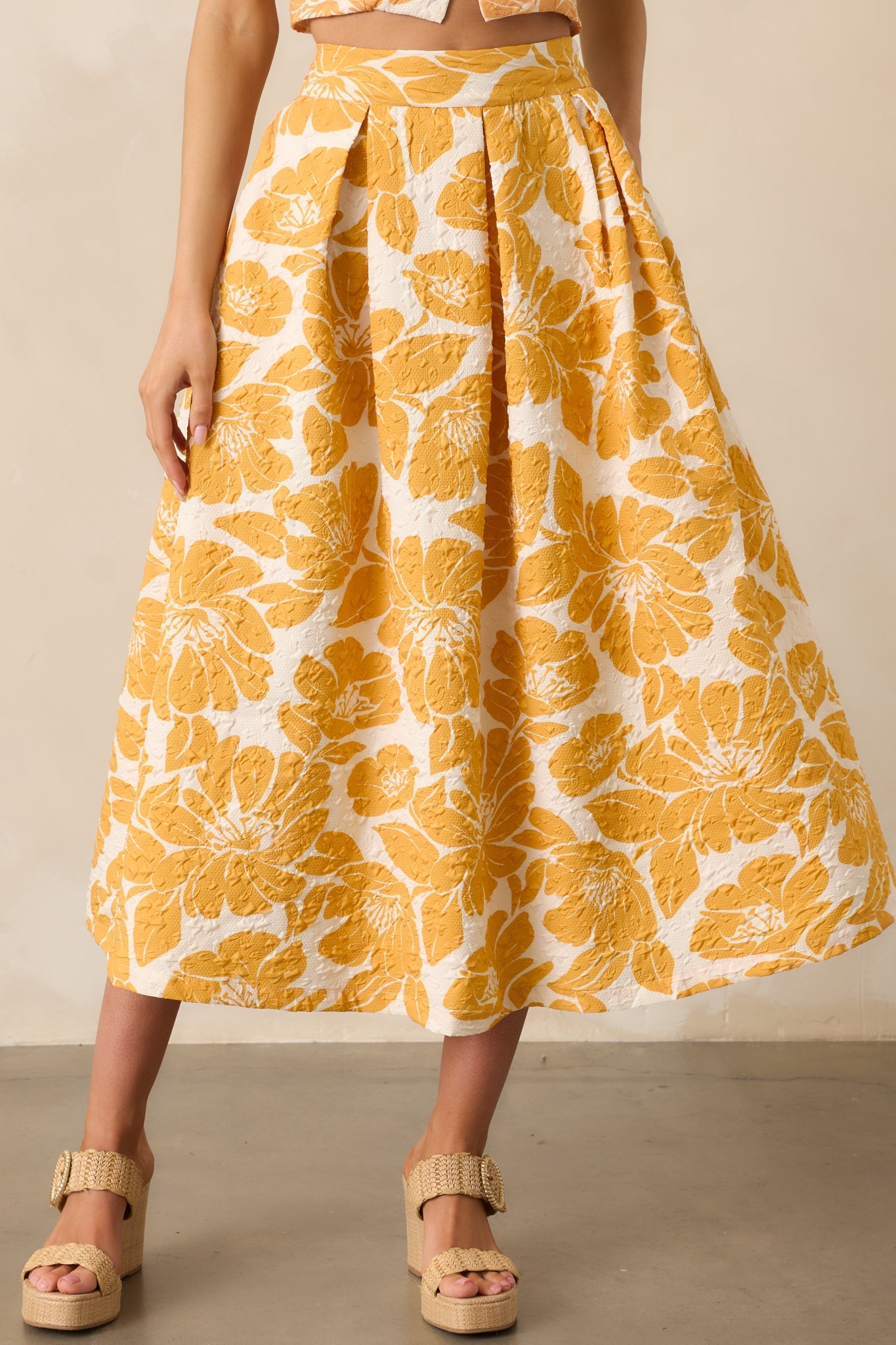 Golden Hour Yellow Floral Jacquard Midi Skirt