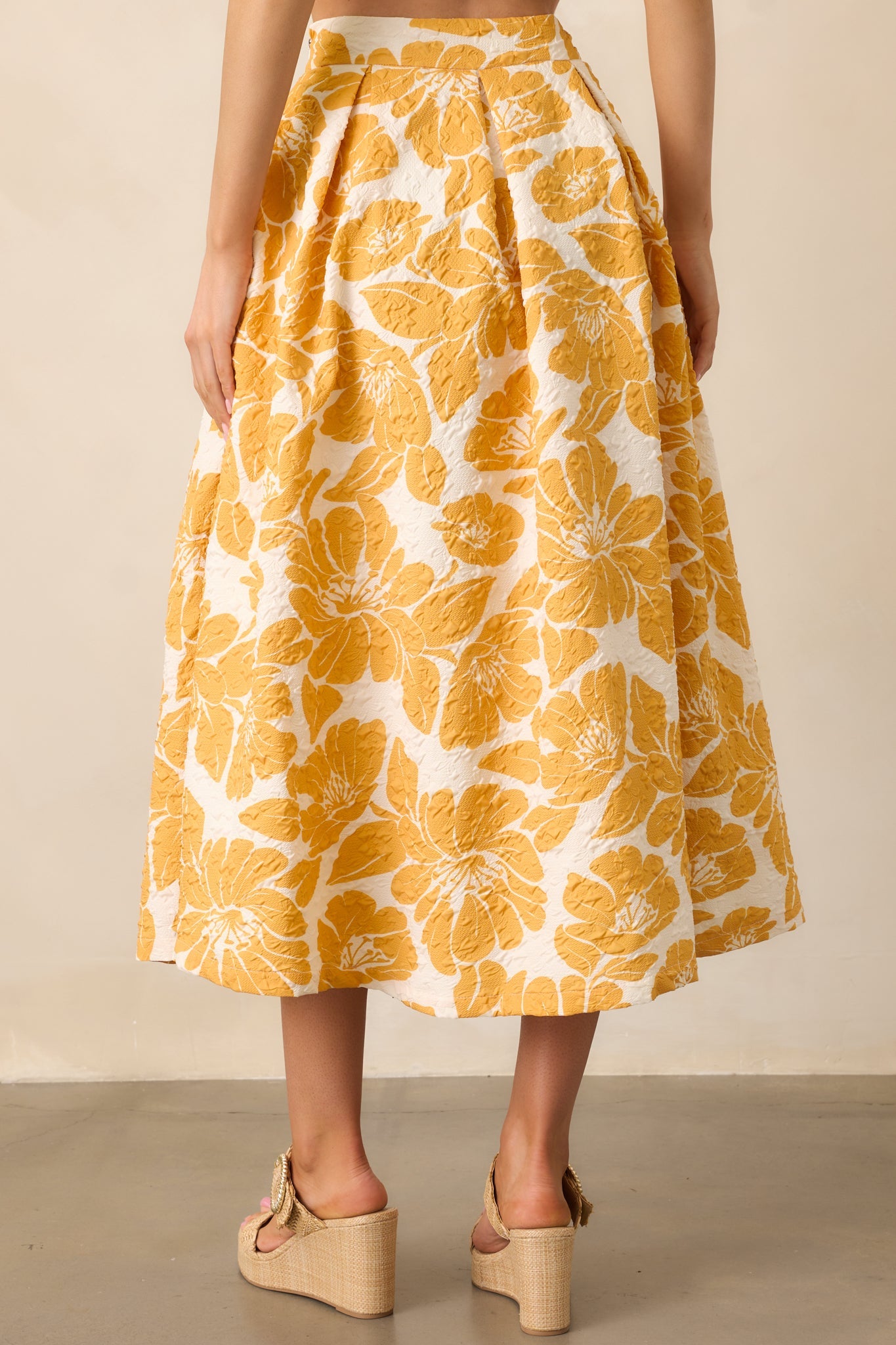 Golden Hour Yellow Floral Jacquard Midi Skirt