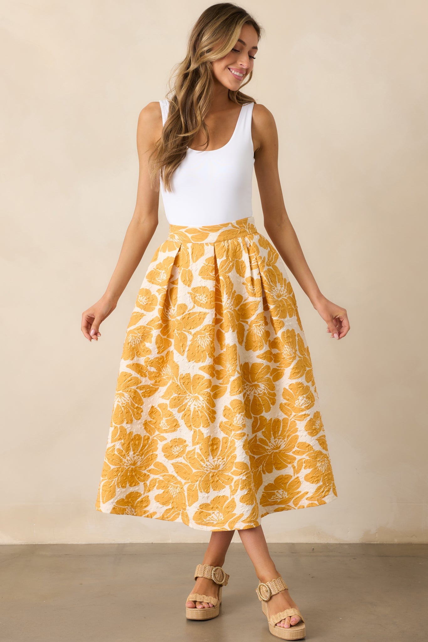 Golden Hour Yellow Floral Jacquard Midi Skirt