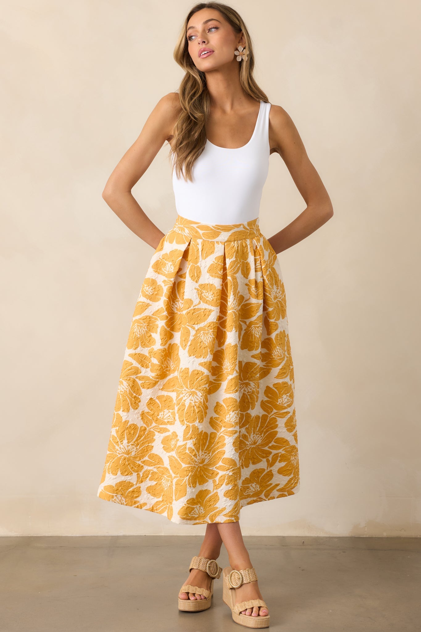 Golden Hour Yellow Floral Jacquard Midi Skirt
