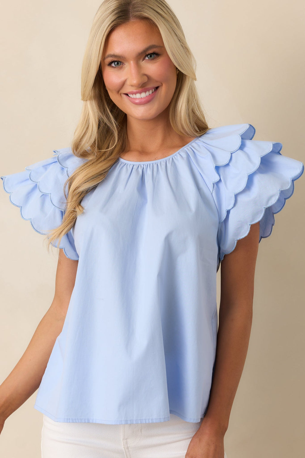 Bianca Blue Fog Cotton Embroidered Scallop Top