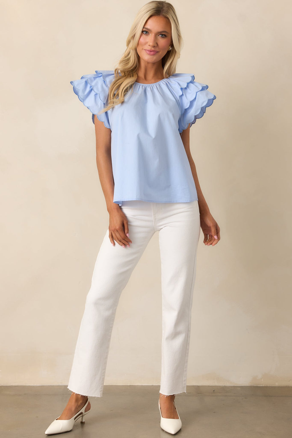 Bianca Blue Fog Cotton Embroidered Scallop Top