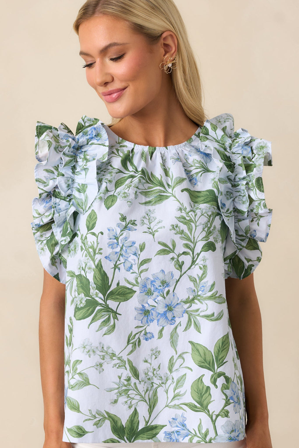 Charlotte Blue Lilacs Botanical Print Cotton Ruffle Top