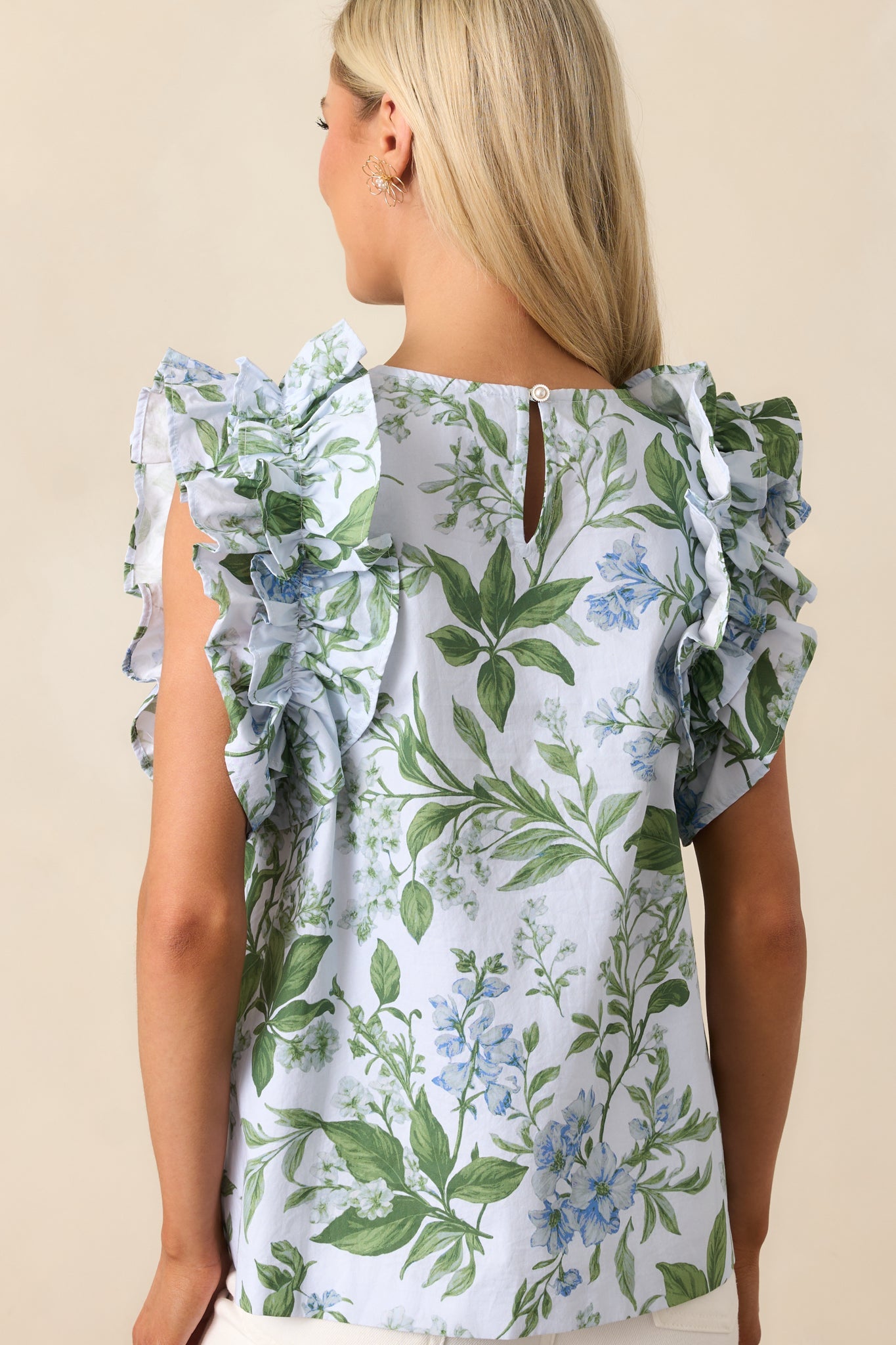 Charlotte Blue Lilacs Botanical Print Cotton Ruffle Top