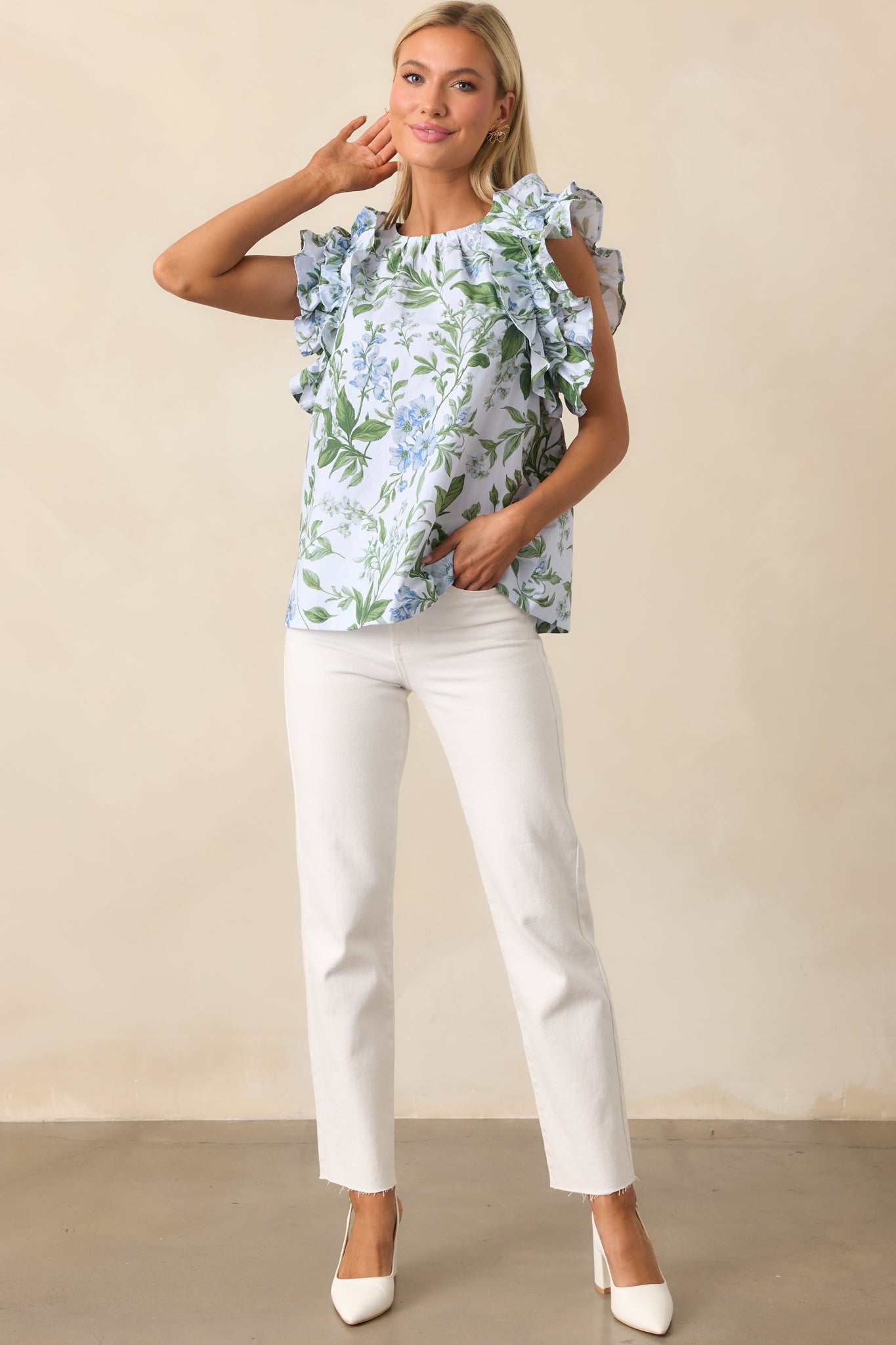 Charlotte Blue Lilacs Botanical Print Cotton Ruffle Top