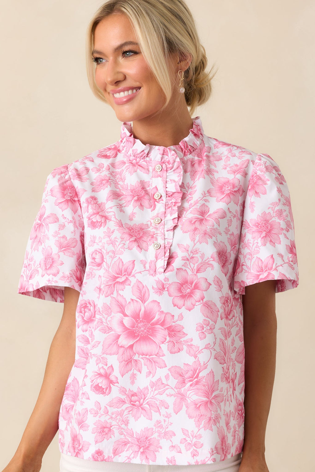 Avery La France Dianthus Pink Floral Cotton Ruffle Top