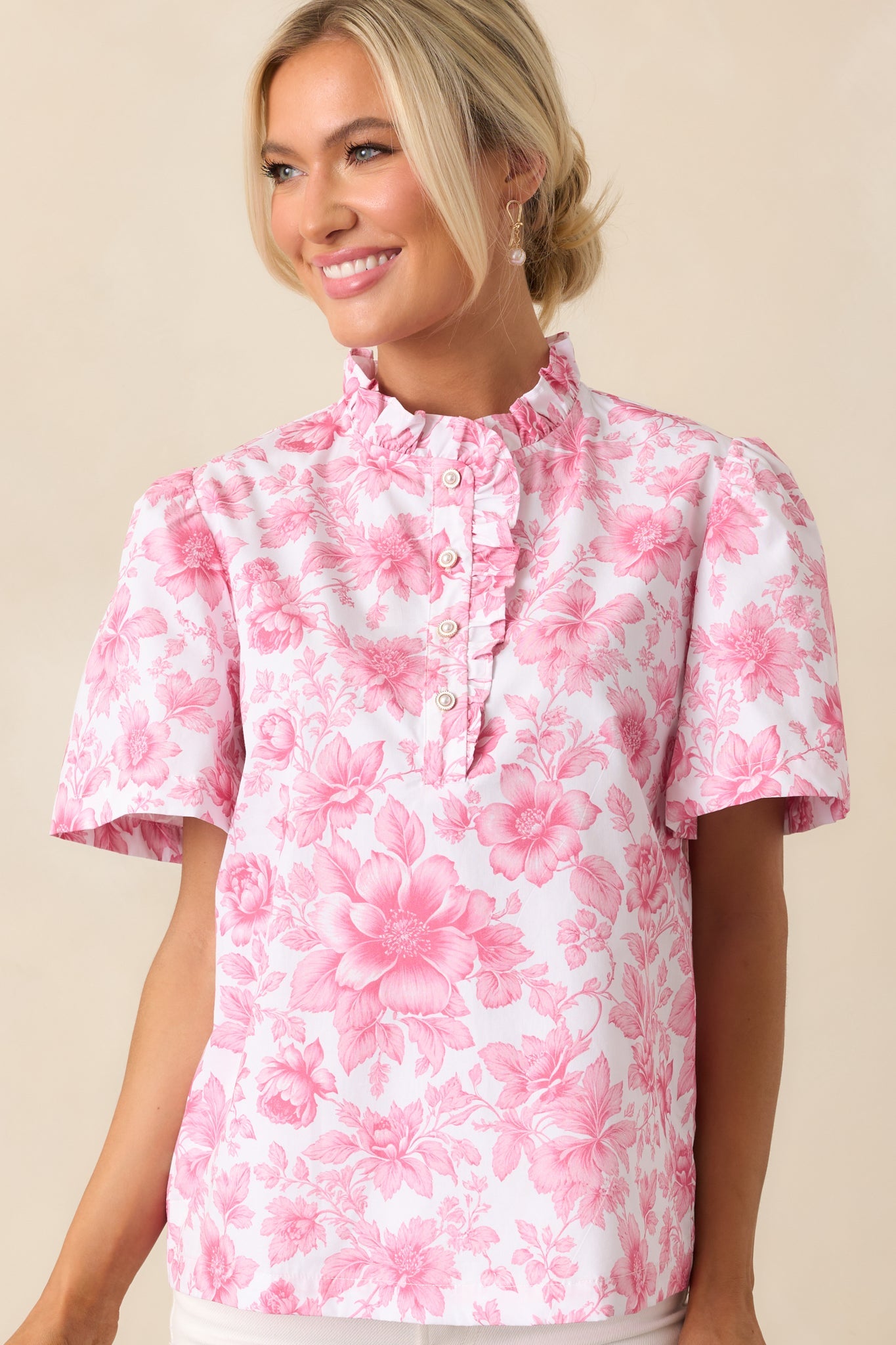 Avery La France Dianthus Pink Floral Cotton Ruffle Top