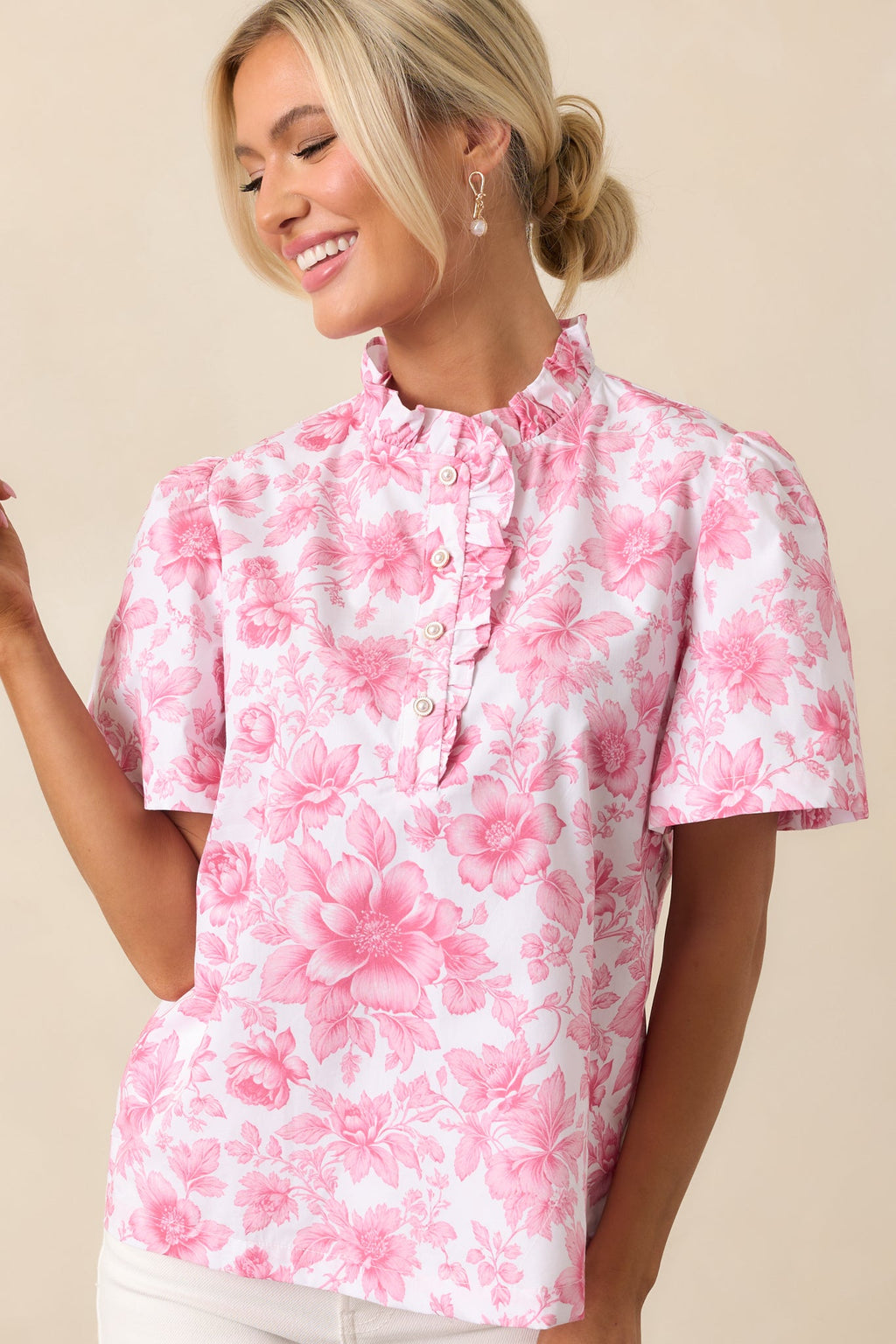 Avery La France Dianthus Pink Floral Cotton Ruffle Top