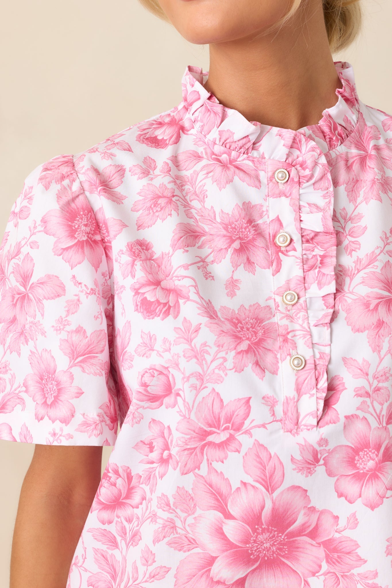 Avery La France Dianthus Pink Floral Cotton Ruffle Top