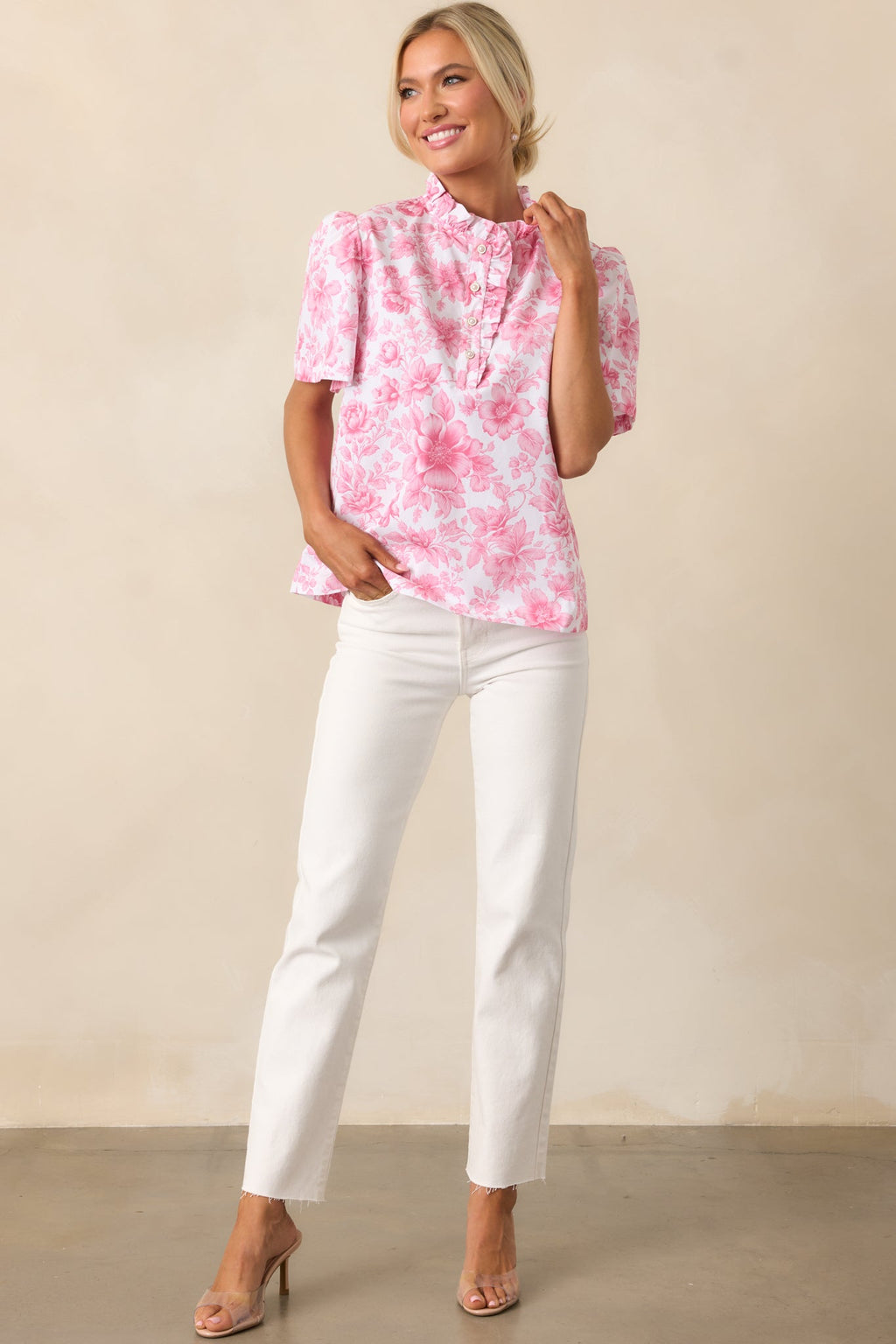 Avery La France Dianthus Pink Floral Cotton Ruffle Top