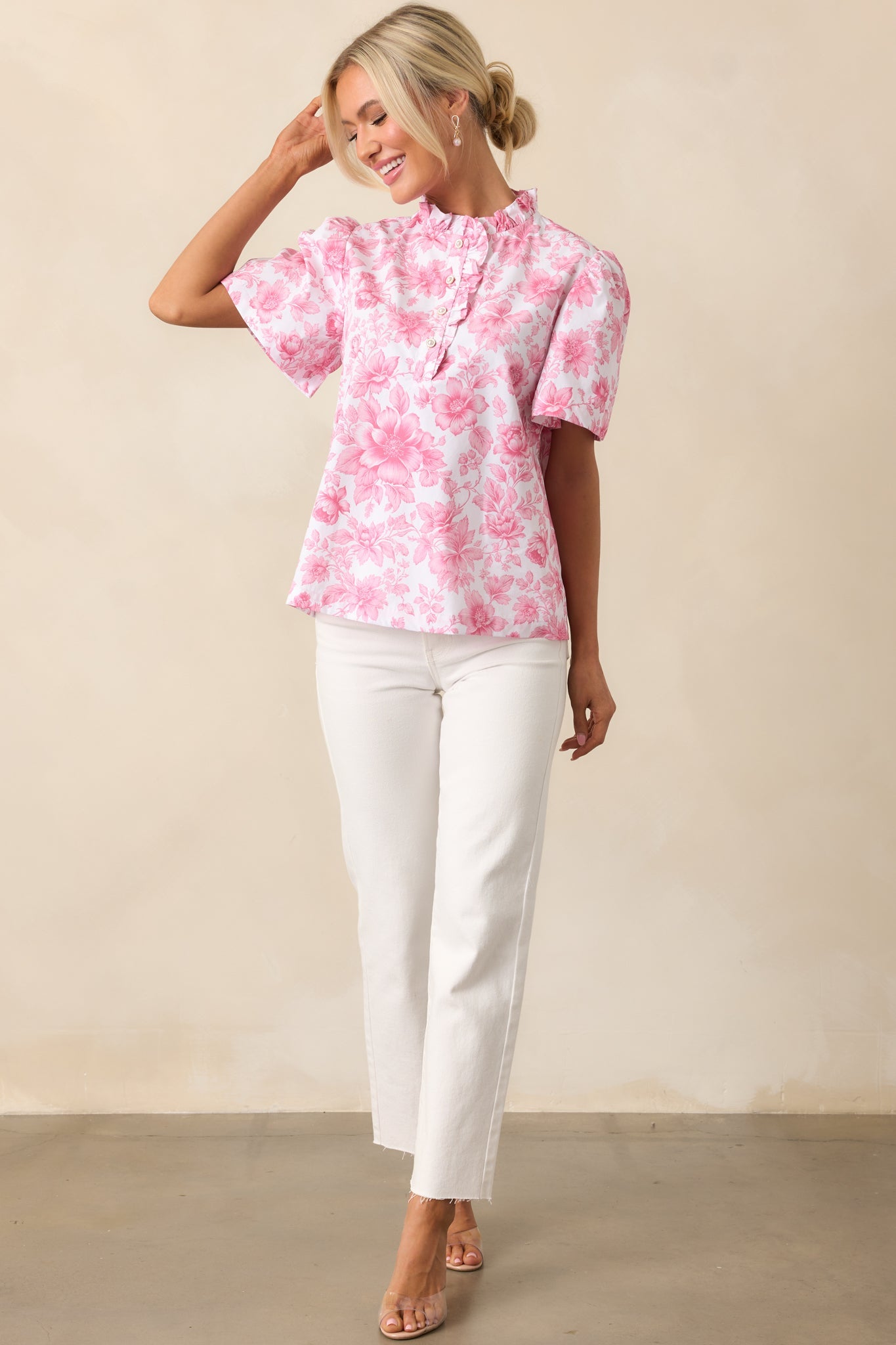 Avery La France Dianthus Pink Floral Cotton Ruffle Top