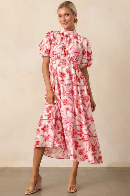 Blooming Season Pink Floral Puff Sleeve Midi Dress