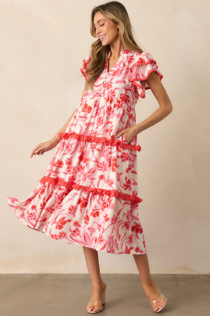 Just Right Pink Floral Flutter Sleeve Midi Dress