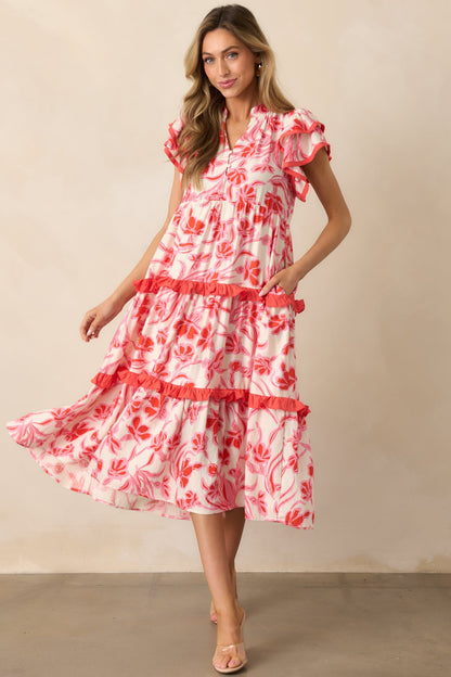 Just Right Pink Floral Flutter Sleeve Midi Dress