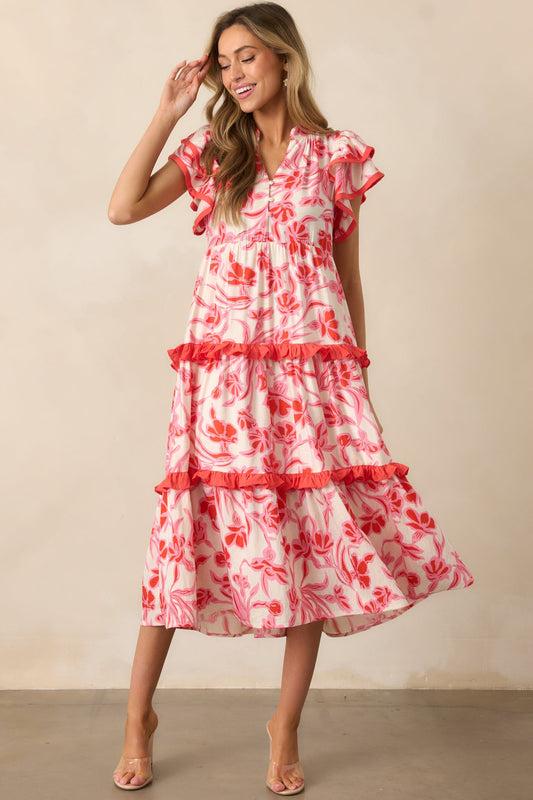 Just Right Pink Floral Flutter Sleeve Midi Dress