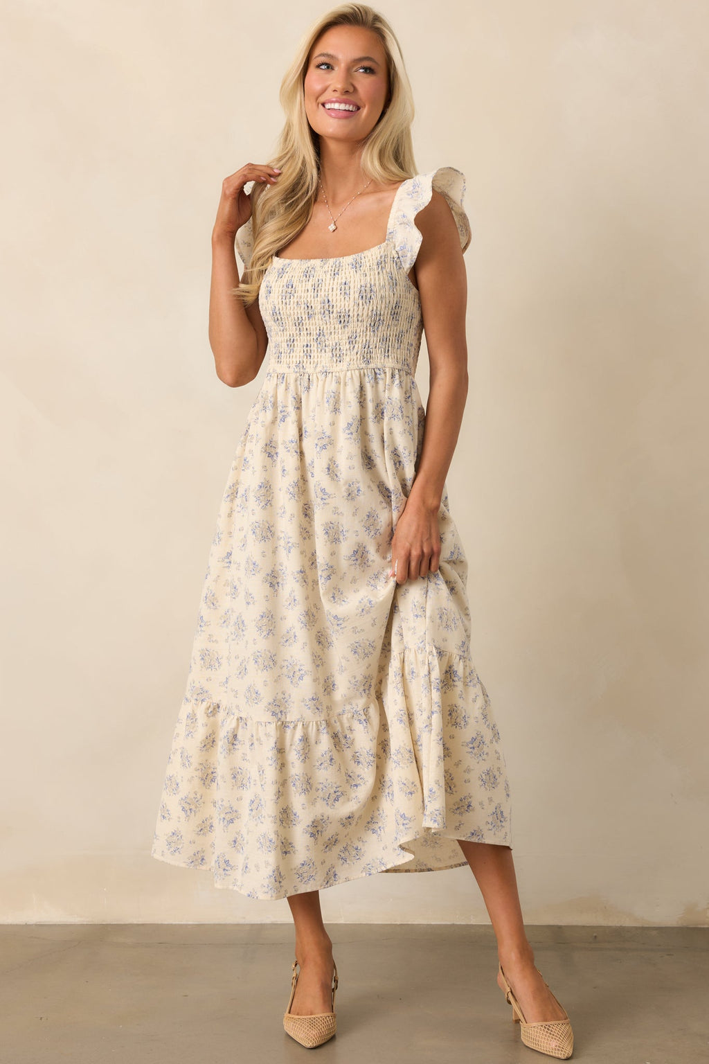 Blooming Brunch Cotton Beige Floral Flutter Sleeve Maxi Dress