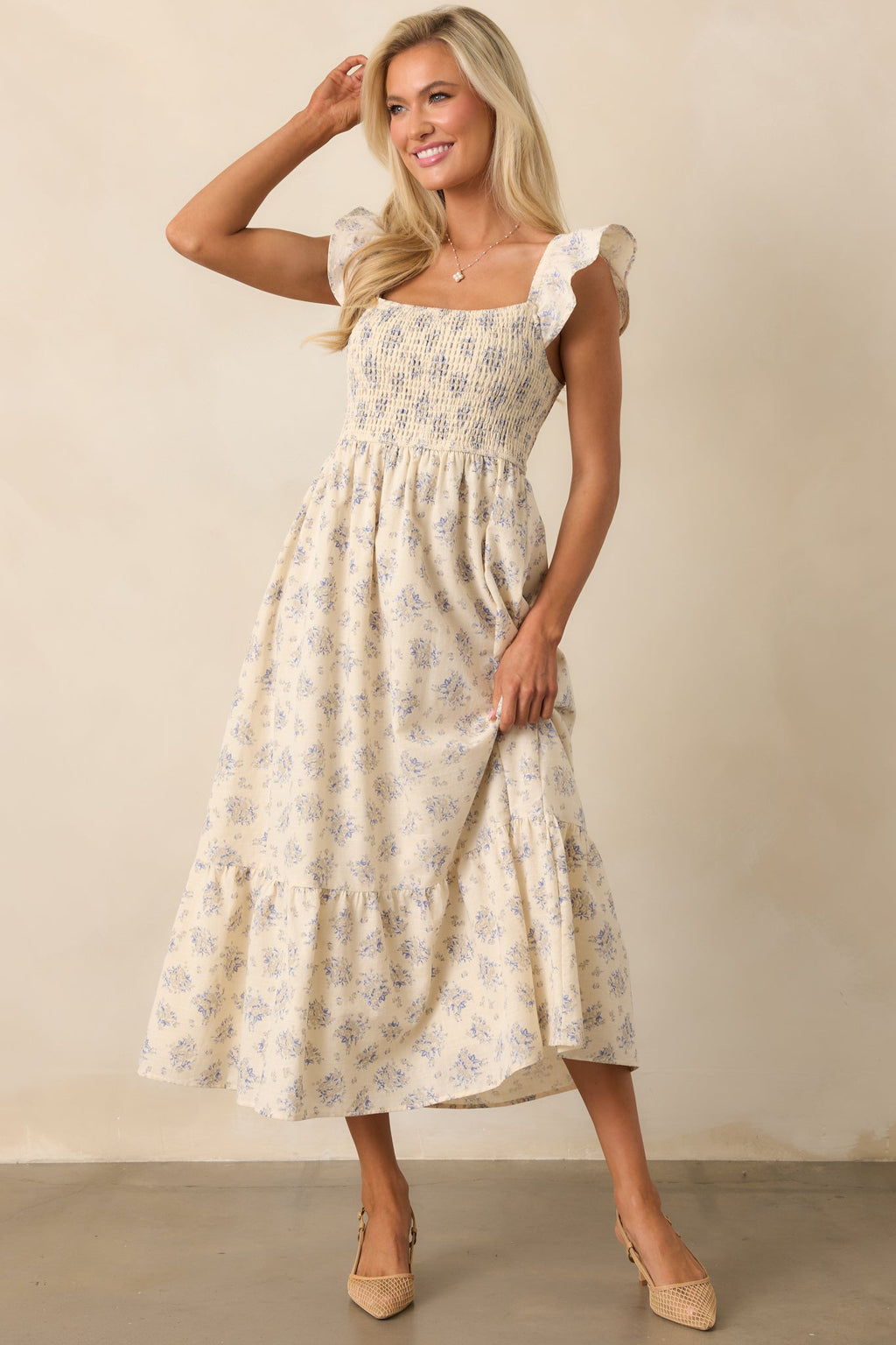 Blooming Brunch Cotton Beige Floral Flutter Sleeve Maxi Dress