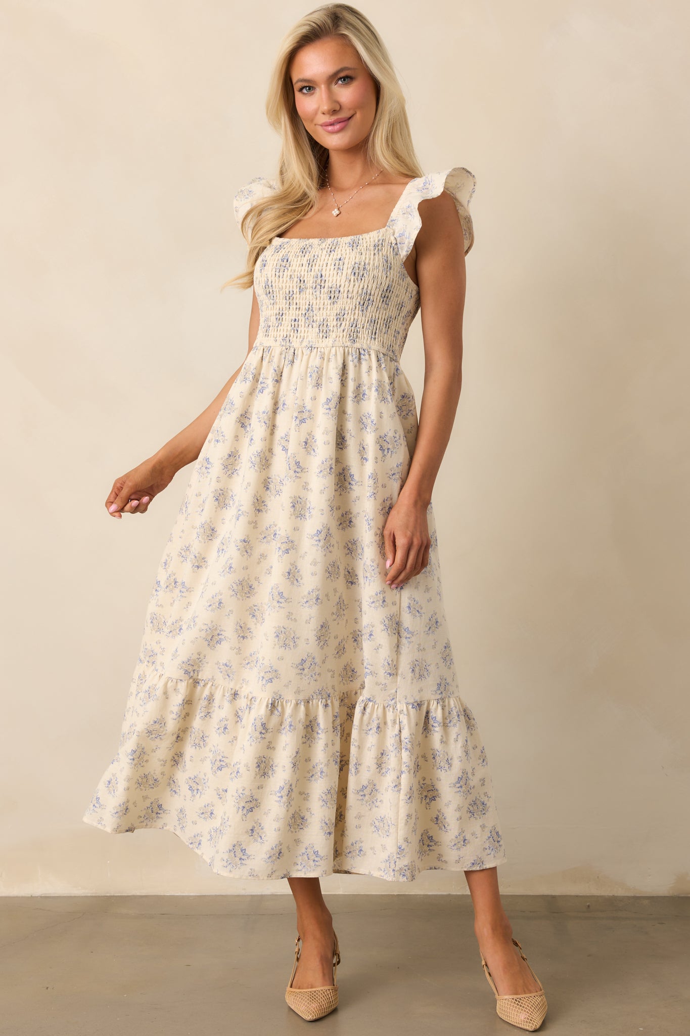 Blooming Brunch Cotton Beige Floral Flutter Sleeve Maxi Dress