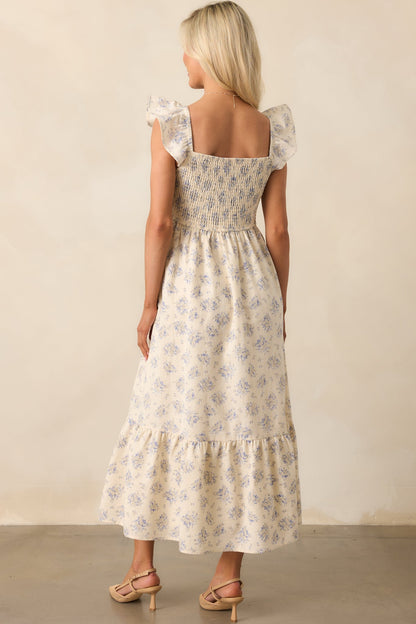 Blooming Brunch Cotton Beige Floral Flutter Sleeve Maxi Dress