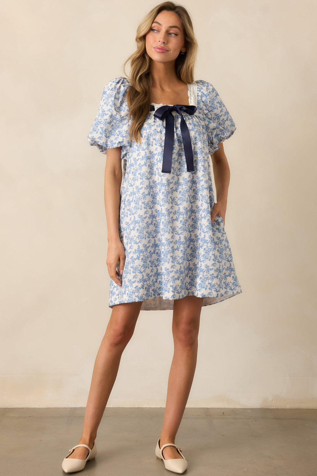 Frolic Through Fields Cotton Blue Floral Mini Dress